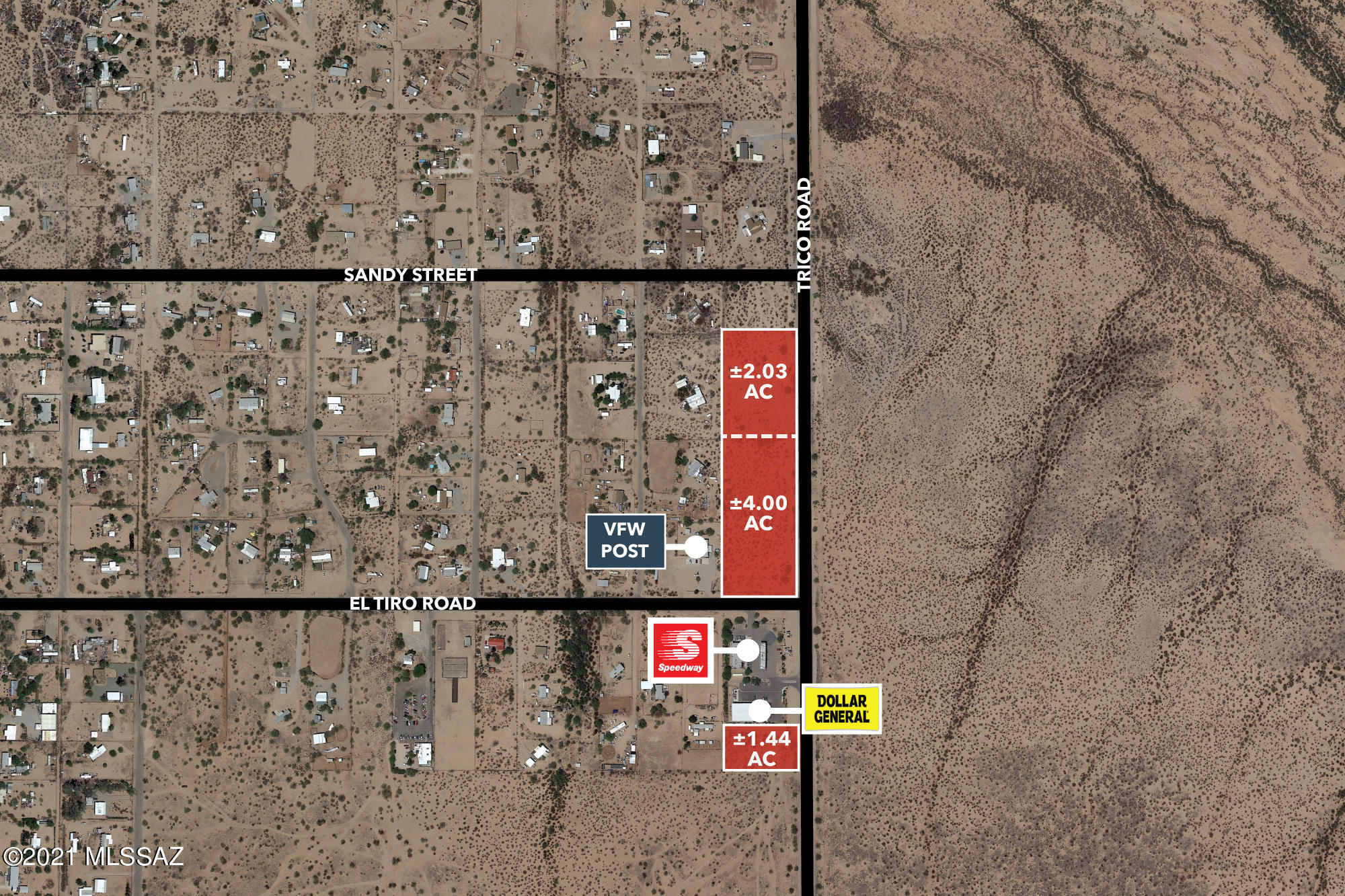 NWC of Trico & El Tiro Rd. Approximately 4 acres of Commercial zoned lands near Marana in Avra Valley.  At a paved busy intersection with a new Dollar Store and nice SPEEDWAY gas station.  Some of the lands are adjacent to a Veterans Office.  Many services are needed in the area.  Such as Auto Shop, Restaurants, and any retail services.  Zoned CB-1 in the County which allows many uses.