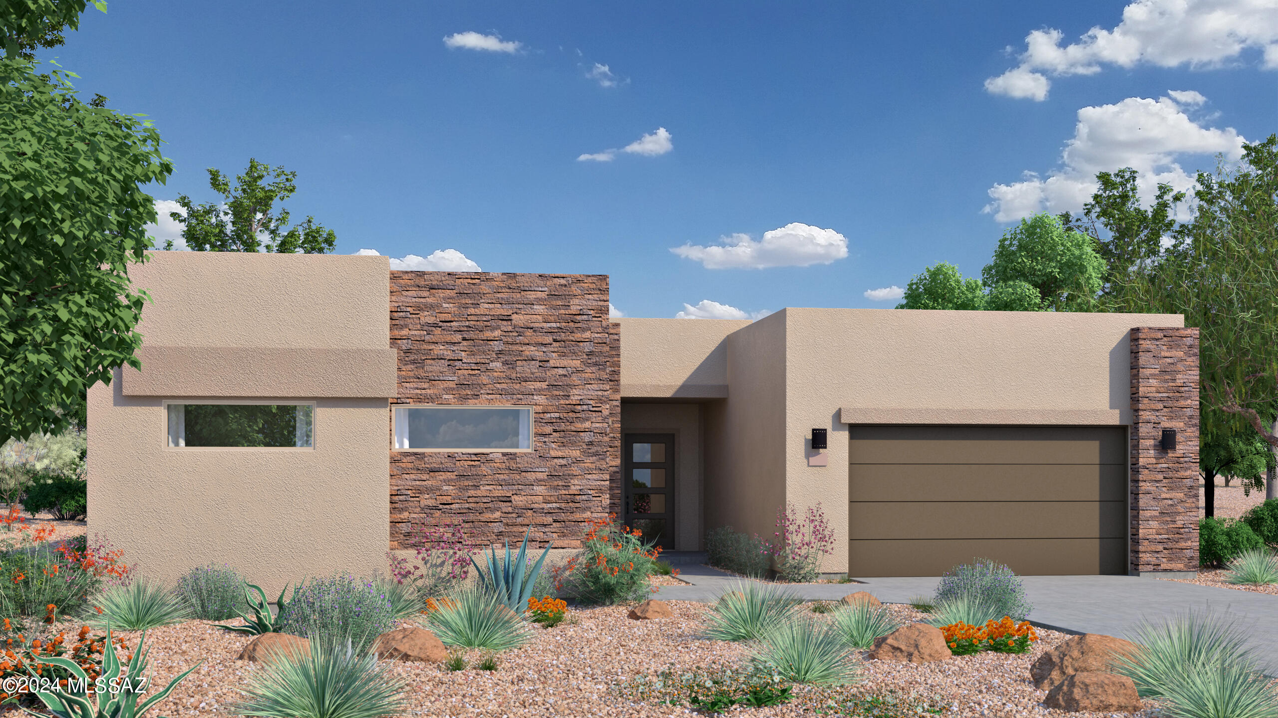 Fairfield Homes popular Acacia plan featuring 3 bedroom en-suites, a bonus space, office, large pantry, walk in closets, 12' ceilings, and a 16'X10' multi panel sliding glass door to a private covered patio. This home features a modern exterior with stone accents and common area behind the home. At the base of the Tortolita Mountains!  Renderings are conceptional and may not depict the exact final product.