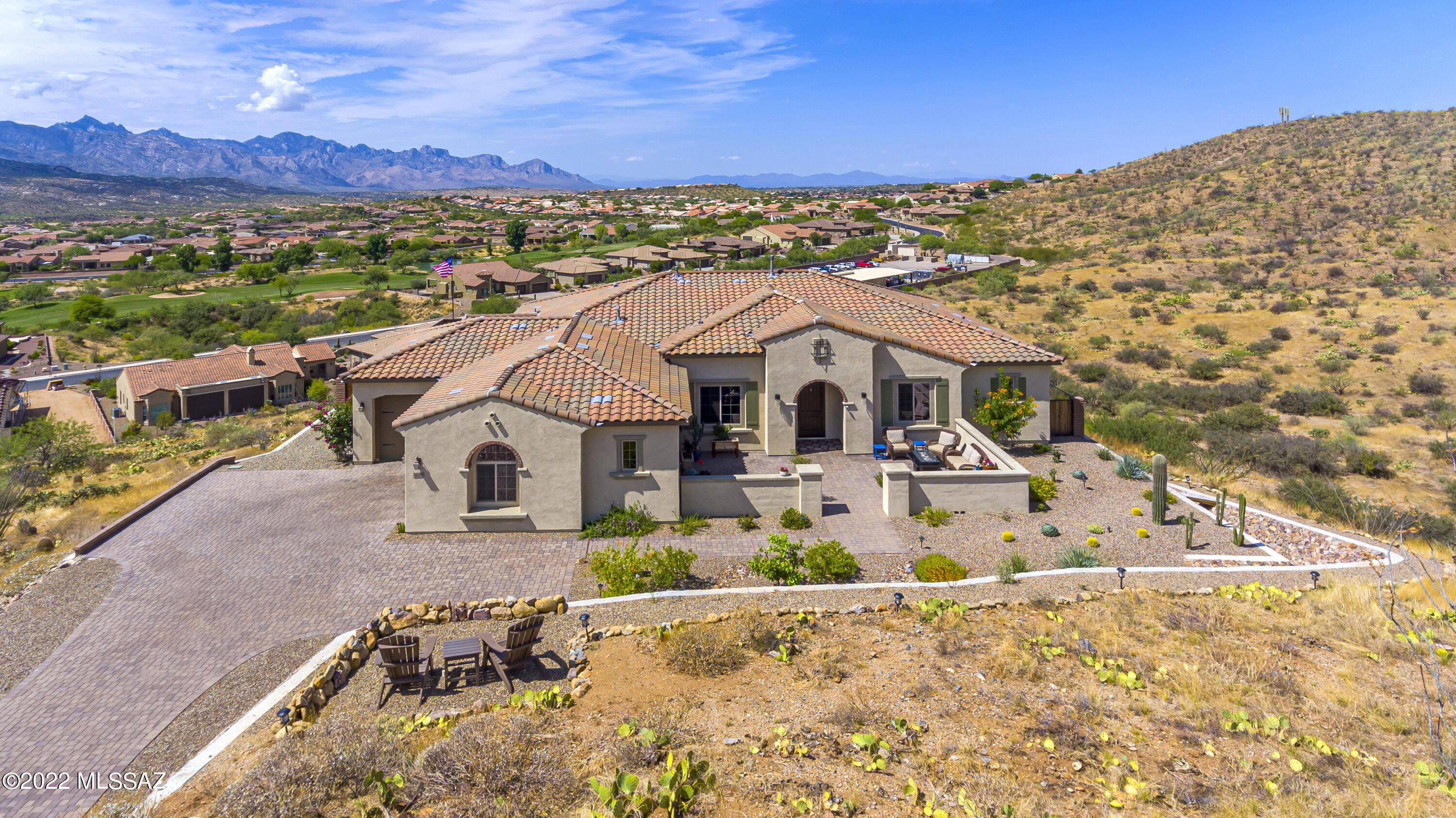 Upgraded & Unique 2018 Bell Tower Model in Sundance Ridge with Pool, Spa, Panoramic Mountain Views & 2.20 Acre Lot. This 3 Bedroom + Den/Flex room / 2.5 Bathroom / 3,229 SF / Extended 3 Car Garage Home is just the place to call home. Great Room with walls of windows. Chef's Kitchen has Quartz Countertops, Stainless Steel Appliances, Large Island & Dining Room with views. Den/Flex room to be used as personal gym, office or cozy family room. Extended 3 car garage. Lovely Landscaping & Gated Yard. Resort style rear garden with salt water pool, spa, spacious outdoor kitchen & fire bowls to enhance the evening. This one of a kind setting can be your personal retreat. Located near SaddleBrooke The Preserve Community offering two 18 hole public championship golf courses & 3 lovely restaurants.