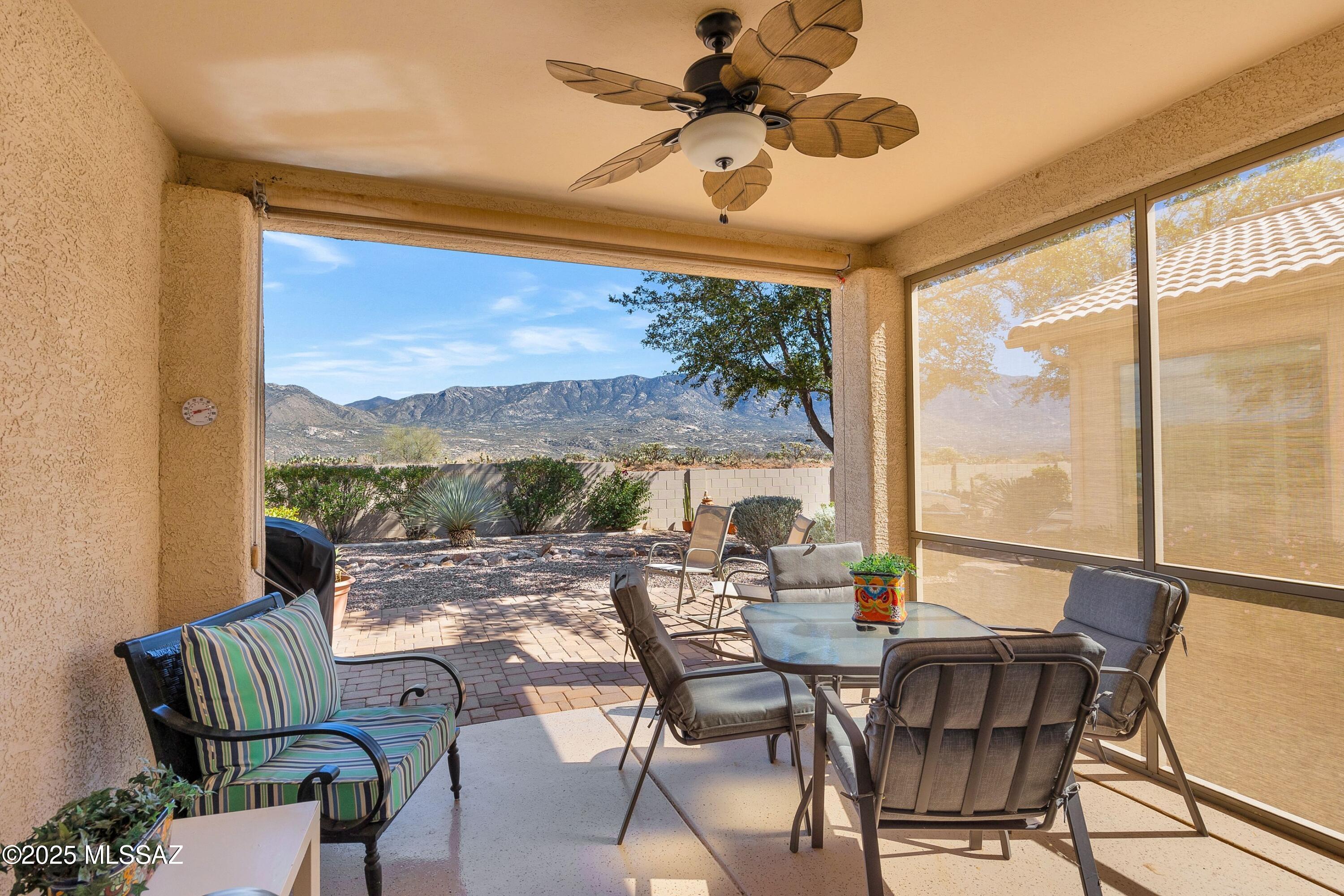 VIEWS!  Fully furnished, turnkey 2bd/2ba SaddleBrooke Villa updated & ready for new owners! Split bedroom San Remo floorplan is beautifully tiled throughout w/great room, granite & stainless clad kitchen, updated baths + views from primary & great room. Enjoy the Catalinas from your private back patio (w/roll down shade). Spacious primary suite features dual closets & granite counters while secondary bath a new walk-in shower.  Gorgeous kitchen has newer appliances & cabinets are packed with everything you need. Just unpack your suitcases & start living the life! Newer HVAC & appliances + roof replaced in 2024.
Villas 2 HOA maintains roof (incl replacement), ext paint, blanket insurance policy, landscaping, irrigation, termite + pest control & more! Move-in ready, carefree living awaits in vibrant SaddleBrooke with world class amenities including golf, pickleball, tennis, pools, restaurants, fitness, clubs+ more!