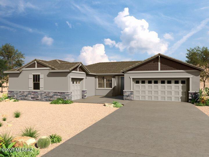 Echo plan w Craftsman elevation includes 3 Bedrooms, Flex room and Den, 2 full baths, powder room, 2-car garage and a single-car garage.