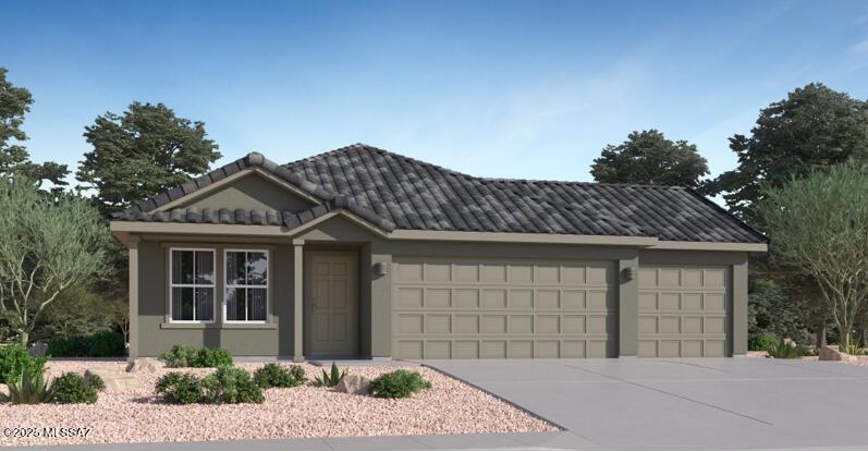 This new single-story home features a modern layout with an open floorplan consisting of a stylish kitchen, a dining nook and the Great Room, with a patio offering seamless indoor-outdoor transitions. Three bedrooms are tucked away to the side of the home for optimal privacy, including the spacious owner's suite. Residents will enjoy additional storage space and convenient parking with a three-bay garage. This home includes GE® stainless steal appliances, Rinnai Tankless Water Heater, prep for reverse osmosis, Granite Countertops, 2'' faux wood blinds, LED lighting and so much more!