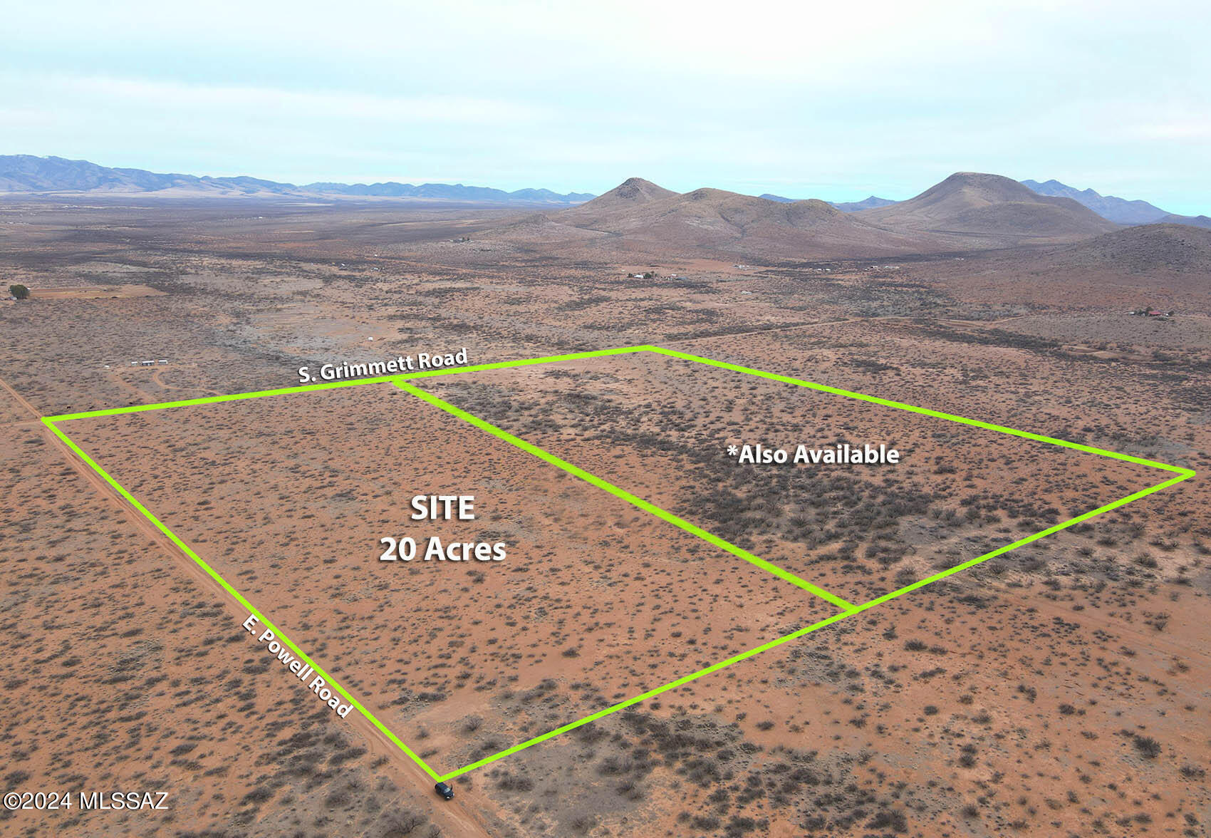 Spectacular 20 acres of private land with unobstructed views of the Square Top hills & the Chiricahua Mountains. This 20 acres may be split from MLS# 22327349 as the northern half of the existing 40 AC parcel. The corner piece features full access from both Powell & Grimmett Roads and power across the street along Grimmett. Just a couple of minutes from paved highway 181 and the desirable RU-4 zoning allows you flexibility in choosing structures/dwellings. Bring in a manufactured home or frame build on-site. Drill well or haul water. Lots of potential on this fine piece of Southern Arizona real estate. Enjoy exploring all the beauty and history that Cochise County has to offer while you develop your 'stead in this magnificent high desert landscape. **Ask about available seller financing!