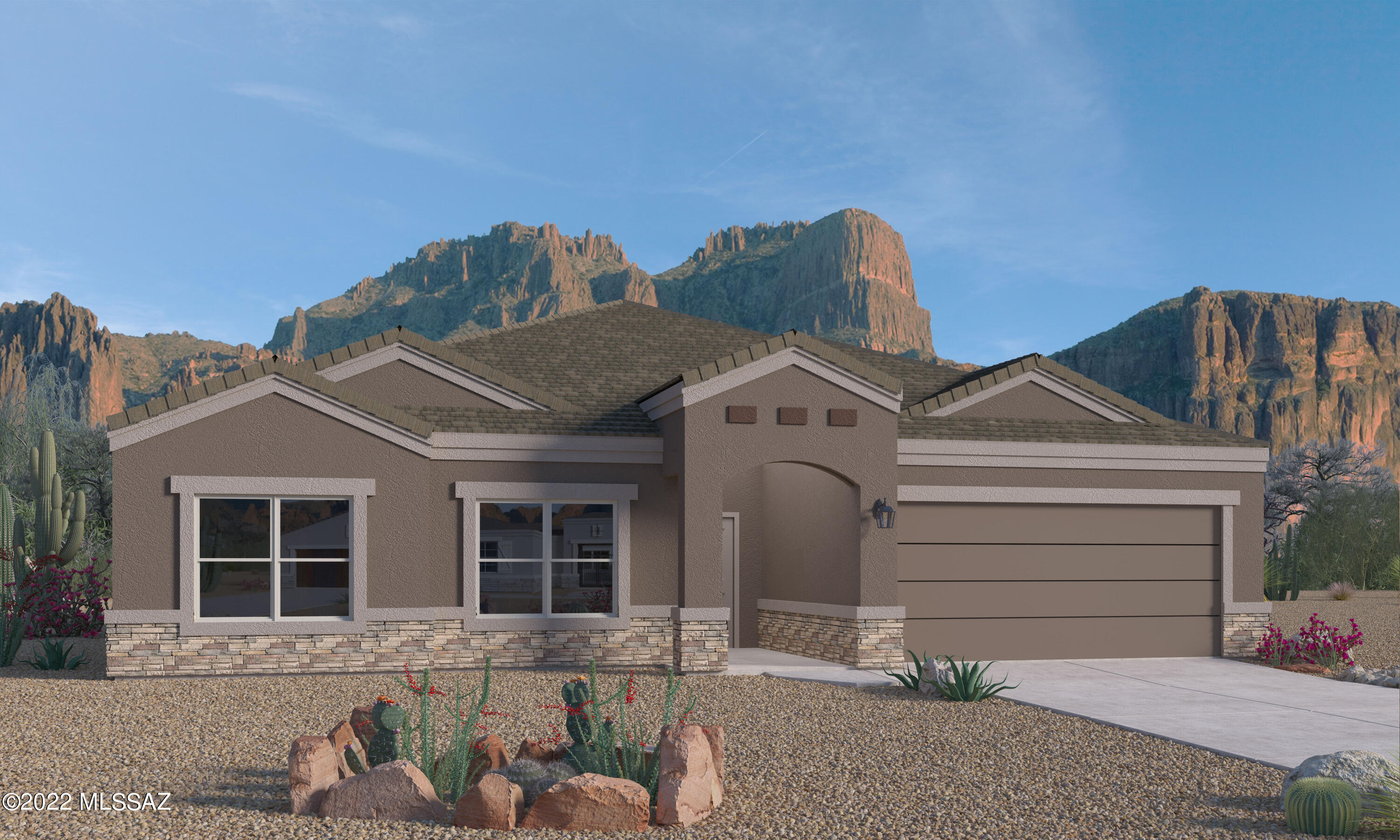 The 1-Story Opal model located in the Saguaro Bloom Community offers a 2,101 sqft floorplan with 4 bedrooms, 2 bathrooms and a 2 car garage. ++ Self Cleaning Stainless Steel gas Range with Microwave & Dishwasher - Granite Countertops in the Kitchen & Cultured Marble in Bathrooms - Tile floors in Entry, Kitchen, Dining Room, Laundry Room & Bathrooms -  42'' Birch Straight Cabinets - DuPure® Ultra Filter Single Stage® Water Filtration -  Rinnai® Tankless Water Heater - Colored Block Walls - Rounded Drywall corners - Five-Panel Rockport Interior Doors with Chrome Lever - 9-foot Ceilings - Along with many other Smart Home Features! Saguaro studded cliffs and stunning sunsets abound at this hidden gem of a community.