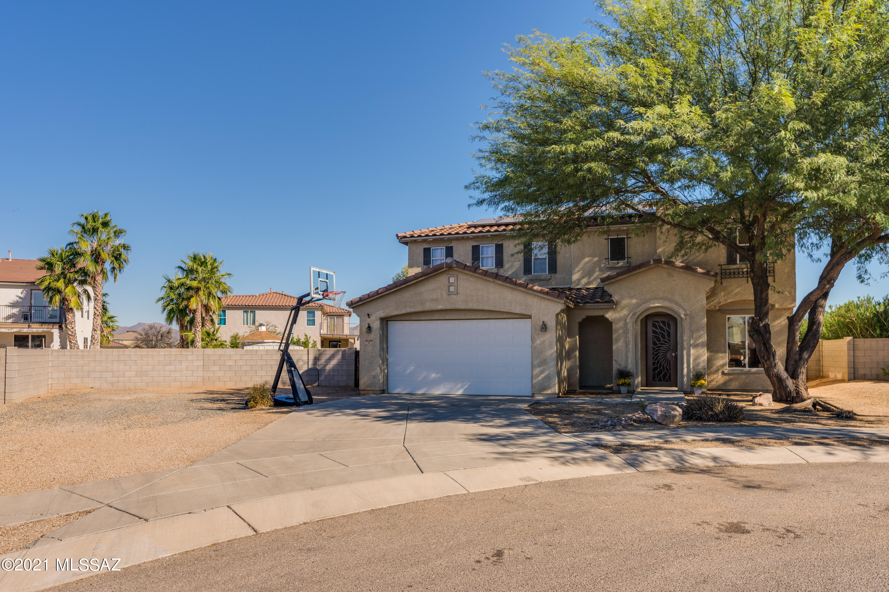 BRAND NEW Salt-Water Pool and a NEW OWNED Solar System highlight this beautiful home on an expansive lot. Located in a cul-de-sac in Eagle Point Estates, this 3 bedroom (could be 4 bedrooms with addition of a closet) home features an open floor plan and many upgrades. The upgraded kitchen features 42'' upper cabinets, double oven and a big breakfast bar island. Upstairs, the loft is ready for movie night. HUGE Owners Suite and roomy bedrooms for comfort.  The yard is spacious w/ pool, play areas, expanded covered patio & great views! Room for additional off-street parking. No rear neighbors! Casino Del Sol is a short drive away, with many places to visit in the area. Both Tucson National Park & Saguaro Nation Park are close by as well, with plenty of beautiful scenery and hiking trails.