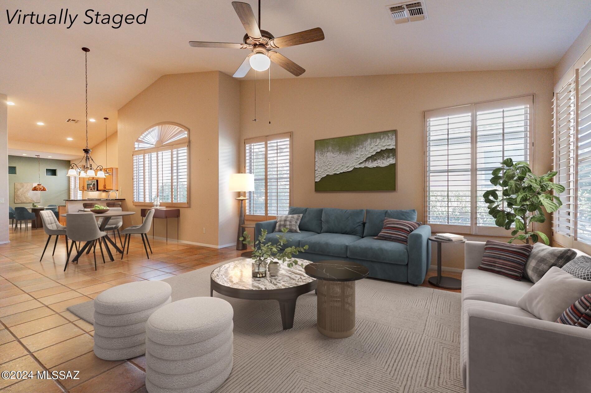 New HVAC (2024)! Portofino villa backs east with tiled AZ room and paver patio. New carpet in both bedrooms and closets (2024), tile floors and grout professionally cleaned (2024). Kitchen has granite counters, gas range, stainless appliances. Office space off the kitchen. Primary suite has dual vanity, shower and walk-in closet. Guest room has walk-in closet - doubles as a den if outfitted with a Murphy bed. Shutters throughout the villa. Utility sink and storage cabinets in garage. Water heater (2021) w/recirc pump, water softener/ conditioning system (2021). Privacy planter trellises add to patio atmosphere. Move-in ready - unpack and enjoy all that SaddleBrooke has to offer in this active adult community! Exterior is maintained by the Villas HOA - roof, paint, termite and landscape.