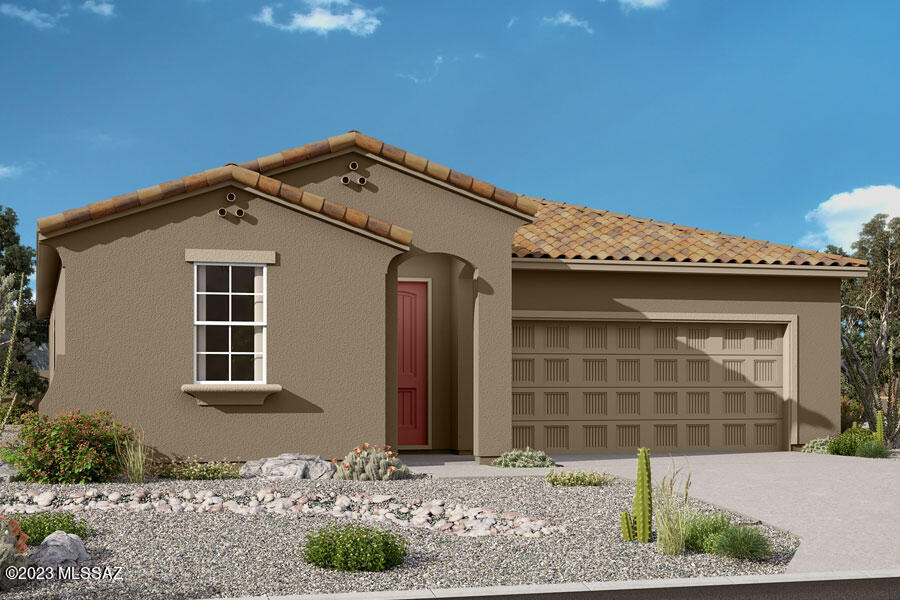 Rosewood plan w Spanish elevation includes Owner's suite, Guest suite with bath, 2 additional bedrooms, spacious Greatroom/Dining/Kitchen area & 2-car garage