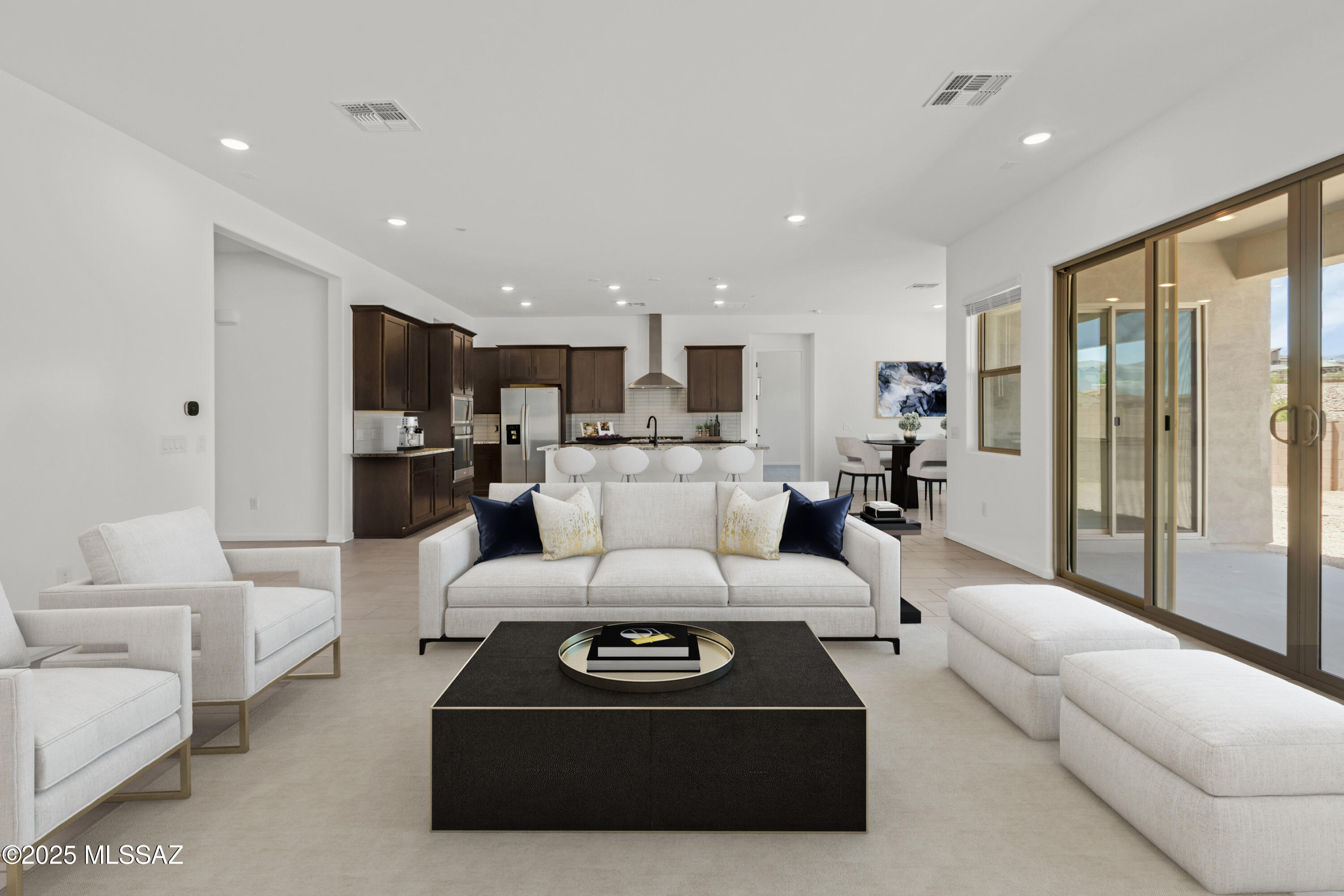 Beautiful Kelly plan with Desert Modern elevation features open great room seamlessly connecting living spaces with four bedrooms & a dedicated study, offering both comfort and versatility. The gourmet kitchen, a culinary haven, boasts a gas cooktop, granite counters, 42'' upper cabinets, pots & pans drawers, tiled backsplash, and a convenient walk-in pantry. 3-car garage provides ample storage. Owner's suite is a retreat with view to the backyard, huge walk-in closet, walk-in shower & dual sinks. This home embodies modern elegance, thoughtful functionality, providing a perfect balance of style and practicality. Includes; Washer/Dryer, Refrigerator & faux wood blinds.