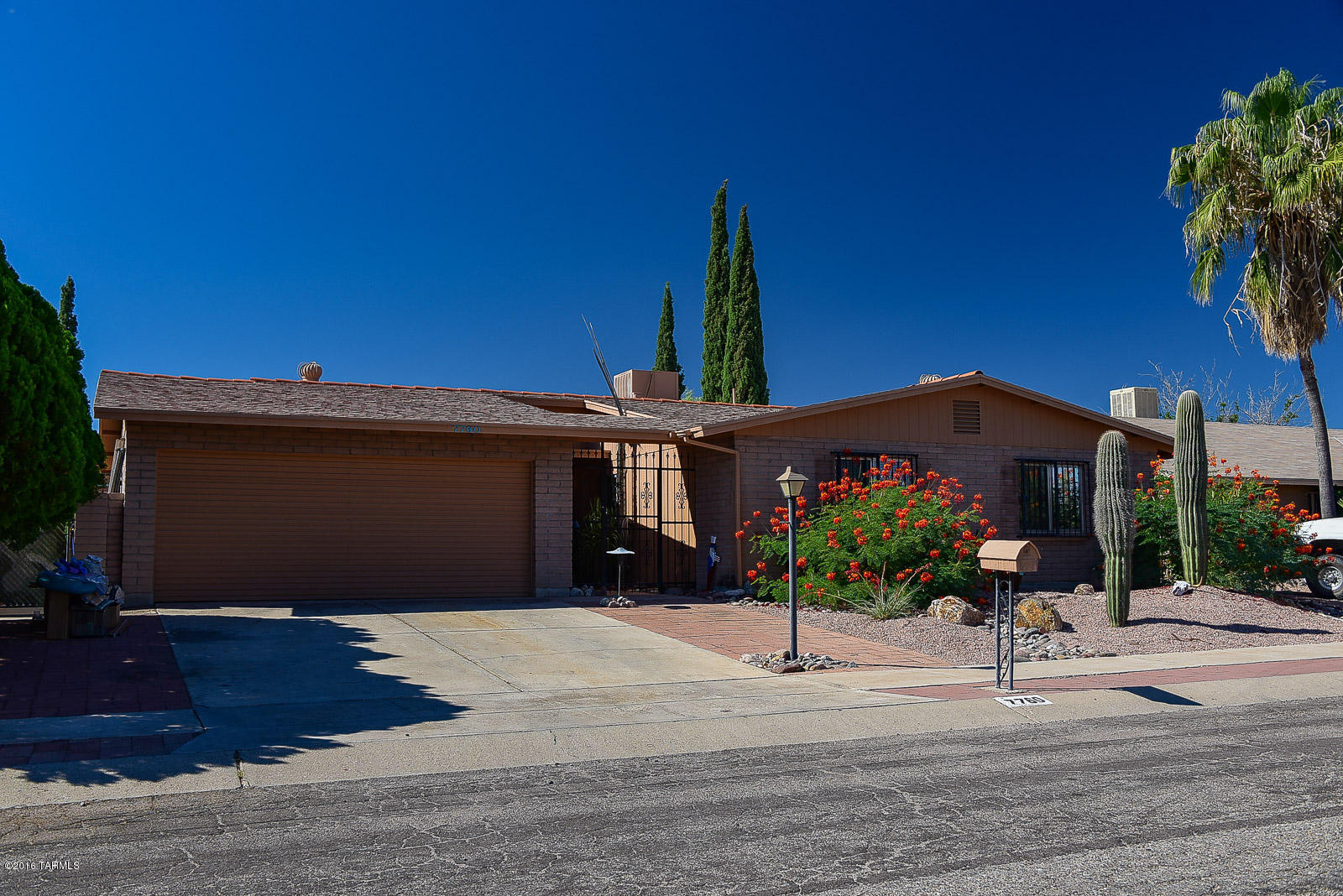 Immaculate and very well maintained home with an amazing back yard made for entertaining. Beautifully landscaped front yard with saguaros, bird of paradise, and decorative rock. Large rooms, many updates, ceiling fans, wood floors, and everything in great condition. The back yard is incredible with a massive covered patio, 3 large rain collection bins, a beautiful grass yard with fruit tree, planters for a garden, and other mature trees. A fantastic pool area with new pump, sitting areas, and storage shed. This back yard is nothing short of an oasis.