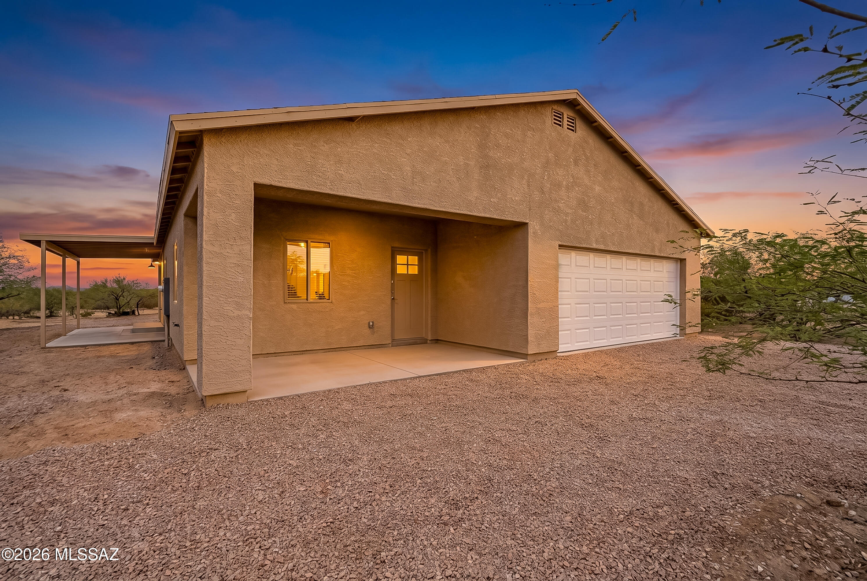 New Construction on nearly an acre of land and no HOA!  Quiet desert living awaits.  Come enjoy the timeless finishes in this split bedroom floorplan.  Features include 9 foot ceilings, an extended living area, three generously sized bedrooms with ceiling fans and walk-in closets, two full baths, and a dedicated office.   Kitchen boasts a large island, 36 inch tall upper cabinets, quartz countertops, pendant lights, and a dining area that looks out onto a soaring covered patio. Stone-look tile flooring throughout.  Plenty of outdoor space for your toys and no neighbors behind.   Horse Property.  Owner/Agent