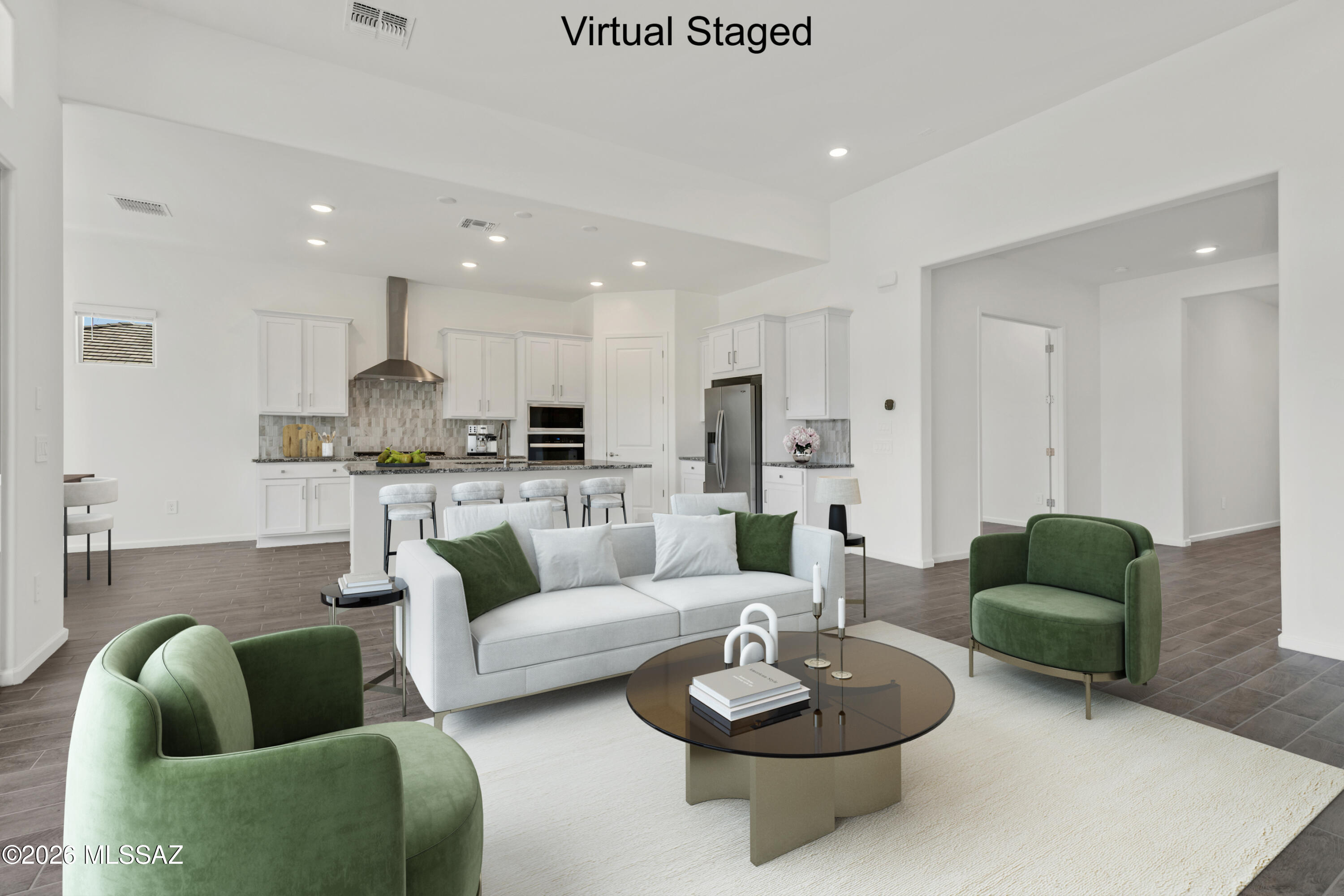 Dove plan with Midcentury Modern elevation home with 3 bedrooms plus an enclosed study. The thoughtfully designed layout includes a convenient Stop-n-Drop area just in from the 3-car tandem garage. The Owner's suite is a retreat with a generously sized walk-in closet, a beautifully tiled walk-in shower, and a vanity with twin sinks. The Gourmet Kitchen is equipped with a gas range, micro/oven combo, refrigerator, center island and a walk-in pantry for all your culinary needs. Laundry room is complete with Washer/Dryer. Includes 2'' faux wood blinds. Est completion May '26.