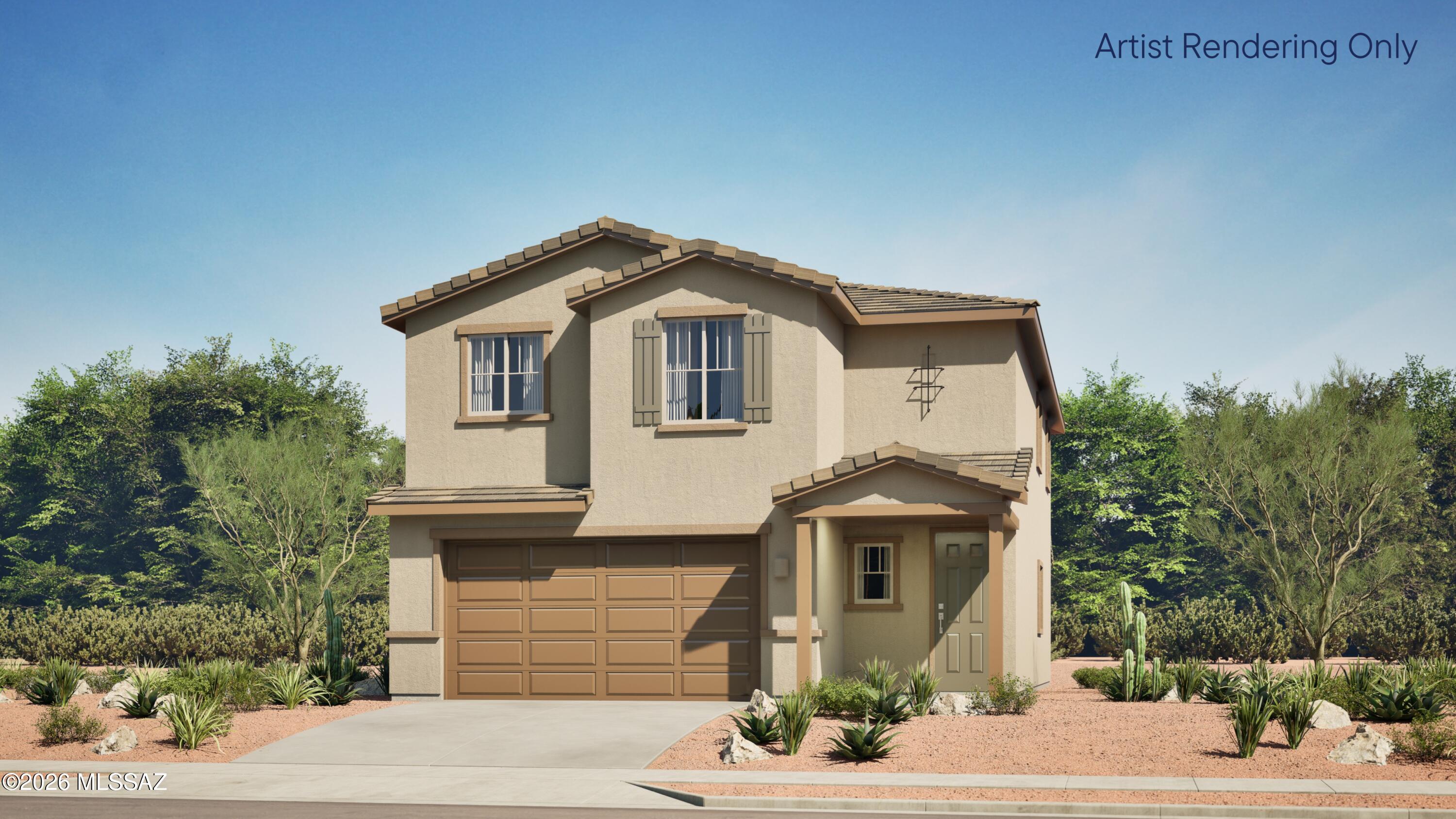 This new two-story home is ready for modern lifestyles. On the first floor, an inviting open-concept layout blends the kitchen, living and dining areas, with a secluded bedroom tucked into a private rear corner. On the second level, a versatile loft provides a convenient shared living area easily accessible from four additional bedrooms and a luxurious owner's suite, complete with a full bathroom and walk-in closet.This home includes GE® stainless steal appliances, Rinnai Tankless Water Heater, prep for reverse osmosis, Quartz Countertops, 2'' faux wood blinds, LED lighting and so much more! As an added bonus, this home includes a washer and dryer - move-in ready and waiting for you!