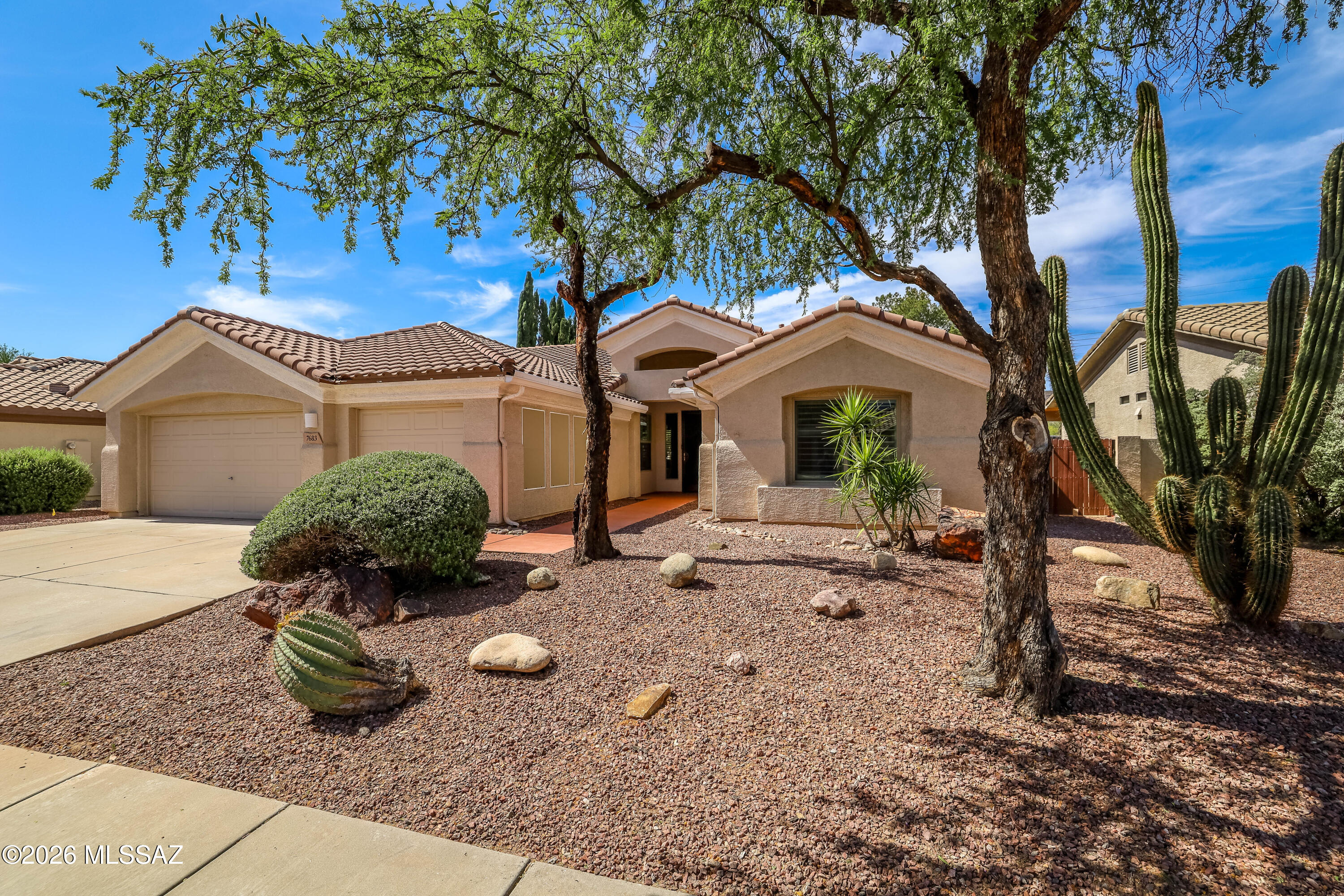 Beautifully maintained 2,464 sq ft, 3-bedroom, 2.5-bath residence located in the highly desirable Continental Ranch community. Interior has been freshly painted and features new carpeting throughout. The functional floor plan offers generous living spaces, ceiling fans, and a split bedroom layout for added privacy.
The well-appointed kitchen includes stainless steel appliances, granite countertops, a tile backsplash, ample cabinetry, and a central island. The primary suite provides direct access to the backyard and includes a walk-in closet and an ensuite bathroom with dual sinks and a glass-enclosed shower.
The backyard is designed for exceptional outdoor living, featuring a pool and spa with both solar-tube and gas heating, raised planter boxes, a grass area, mature trees, a storage sh mountain views, and an extended covered patio. Pool operations can be monitored and controlled from inside or outside the home via remote control.
Additional highlights include a 3-car garage, with one bay connected to the home's heating and cooling system, a tile roof, and fully owned solar panels offering significant energy savings. Conveniently located minutes from shopping, dining, parks, and I-10 access