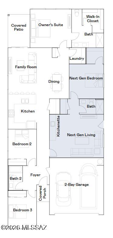 A Next Gen® single-story plan, this spacious home features an attached private suite with its own living area, kitchenette, bedroom and bathroom. In the main home is an open-concept living space that flows out to a covered patio, along with a total of three bedrooms. The owner's suite is tucked away in the back and enjoys a convenient bathroom and walk-in closet. This home includes GE® stainless steal appliances, Rinnai Tankless Water Heater, prep for reverse osmosis, Quartz Countertops, 2'' faux wood blinds, LED lighting and so much more! As an added bonus, this home includes a washer and dryer -