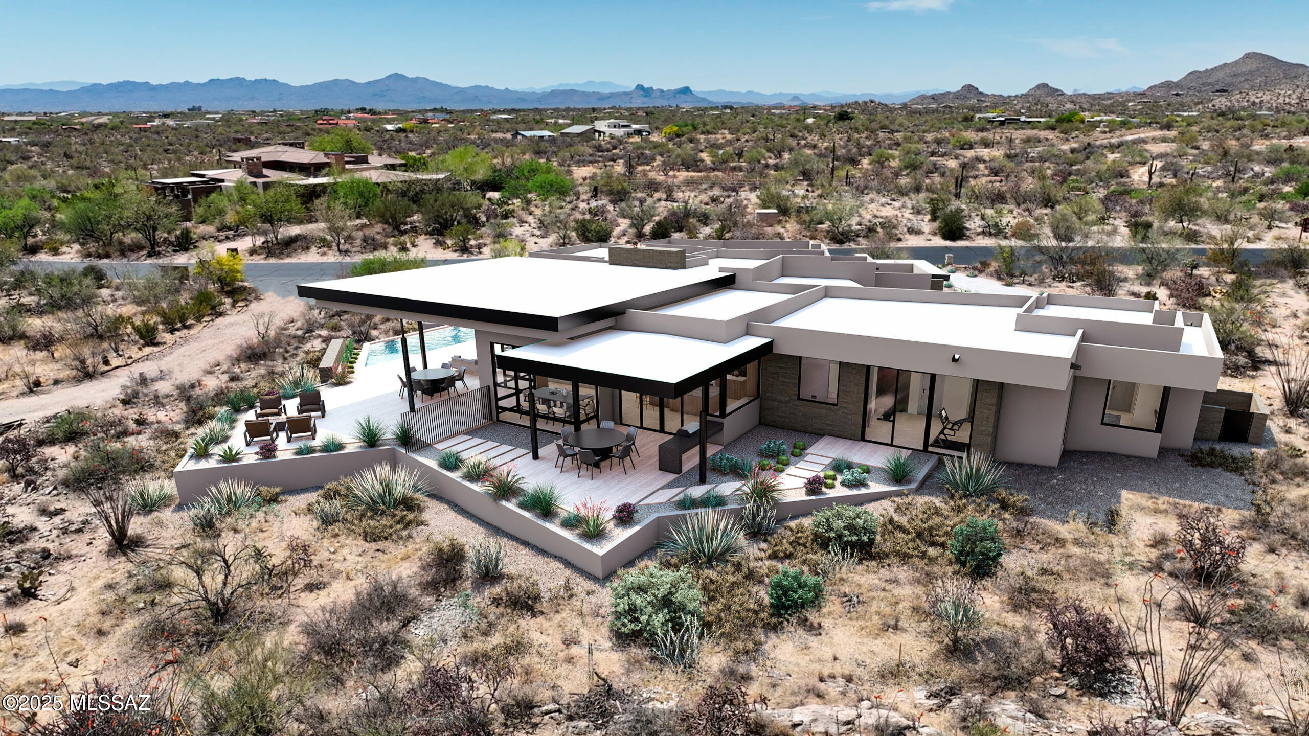 Under Construction | A Desert Contemporary Masterpiece in Stone Canyon. Architect Marc Soloway and R & B Construction unite to create a striking new custom home in the prestigious guard-gated community of Stone Canyon—one of the nation's top-ranked private golf clubs. Designed with Soloway's signature modern lines and extensive use of glass, this 4,287 sq ft single-story home offers a refined blend of desert elegance and contemporary sophistication.

Set along the 11th fairway, the home captures sweeping golf course views and breathtaking panoramas of the Catalina Mountains. The orientation is ideal—enjoy soft morning light and sunrise views from your back patio, and in the evenings, take in Oro Valley's famous sunsets as the mountains glow with shades of pink and purple. Stone Canyon Community is surrounded by dramatic rock outcroppings and iconic saguaro-dotted landscapes, this property showcases the very best of the Sonoran Desert.
Inside, the home is thoughtfully designed for luxury living and effortless entertaining. Generous open spaces with soaring ceilings flow through a great room concept, anchored by a sleek fireplace and expansive windows that frame the natural beauty beyond. The chef's kitchen features Sub-Zero and Wolf appliances, a walk-in pantry, and custom cabinetry, all curated in a warm, modern-organic palette that gives the home a soft, inviting feel.
The split floor plan includes a spacious office and bonus exercise room, while the oversized primary suite offers a spa-like bath with freestanding tub, open layout, and large walk-in closets. Every room in the home is positioned to capture a view, creating a seamless connection to the outdoors.
The resort-style backyard includes a heated pool and spa, lush desert landscaping, multiple seating areas, an outdoor kitchen, and a cozy fire pitperfect for entertaining in Arizona's year-round sunshine. A masonry wall adds privacy, while energy-efficient construction and high-end windows and doors enhance comfort and performance.
This home is more than a place to liveit's a design-forward retreat that embraces the beauty of its surroundings and the lifestyle Stone Canyon is known for.