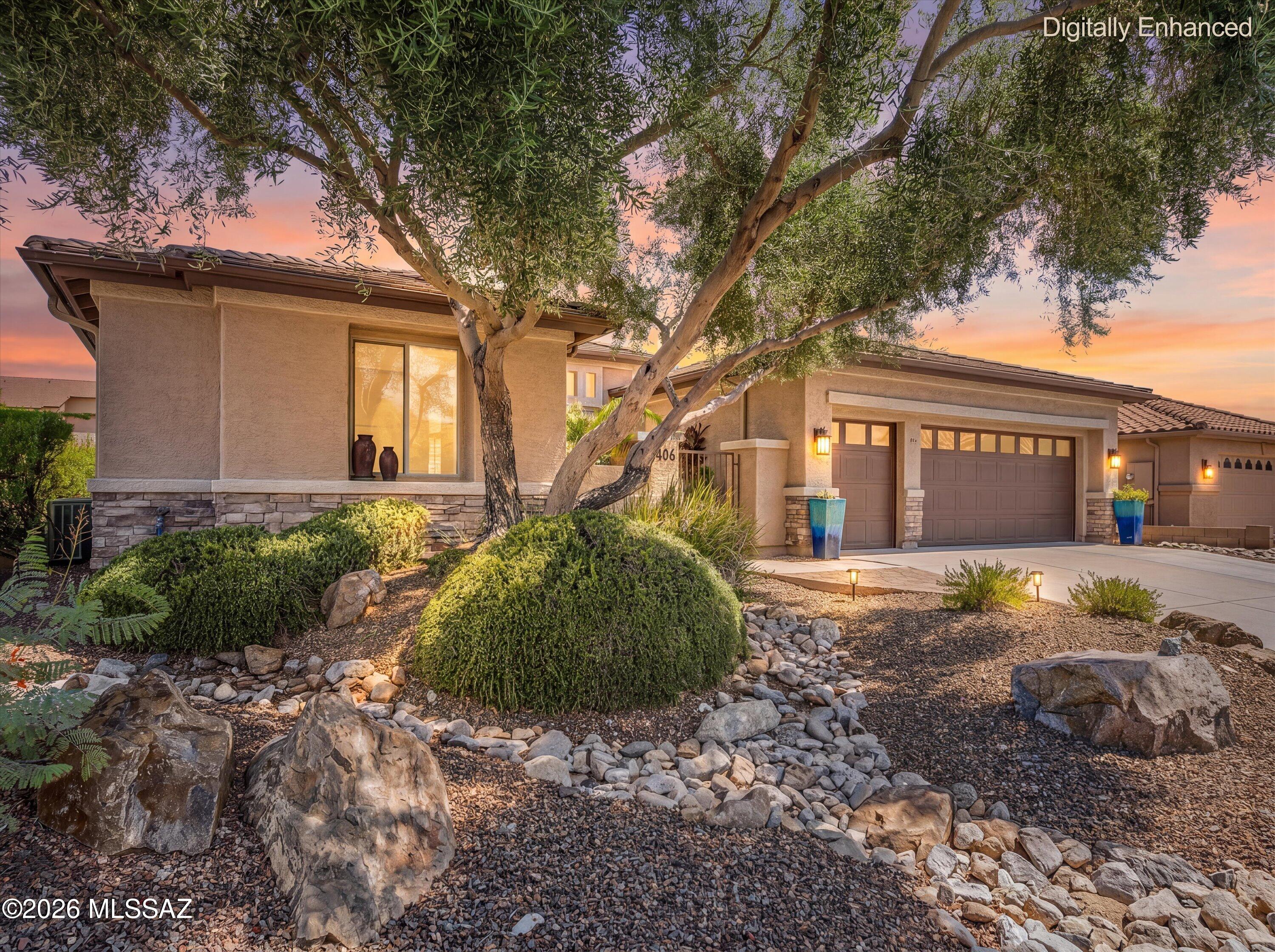 Experience the popular Cimarron model, thoughtfully designed with a private casita and separate golf cart garage in SaddleBrooke's premier active adult community. This spacious open-concept floor plan offers three bedrooms, three full bathrooms, a versatile den, and comfortable living spaces ideal for everyday living and entertaining. The chef's kitchen features granite countertops, stainless steel appliances, a beverage refrigerator, trash compactor, breakfast bar, and a sunny dining nook.
The private casita provides an ideal retreat for guests, while the spacious primary suite offers direct access to the back patio, dual vanities, a custom walk-in closet, and a beautifully appointed walk-in shower. 
Outdoor living is equally impressive with a welcoming front courtyard and an exceptionally private backyard featuring multiple covered and open seating areas, an outdoor fireplace, and a bar area--perfect for relaxing or entertaining year-round. A spacious laundry room and garage storage cabinets add everyday convenience. Lovingly maintained and move-in ready, this exceptional home offers the perfect blend of comfort, privacy, and the resort-style lifestyle SaddleBrooke is known for.