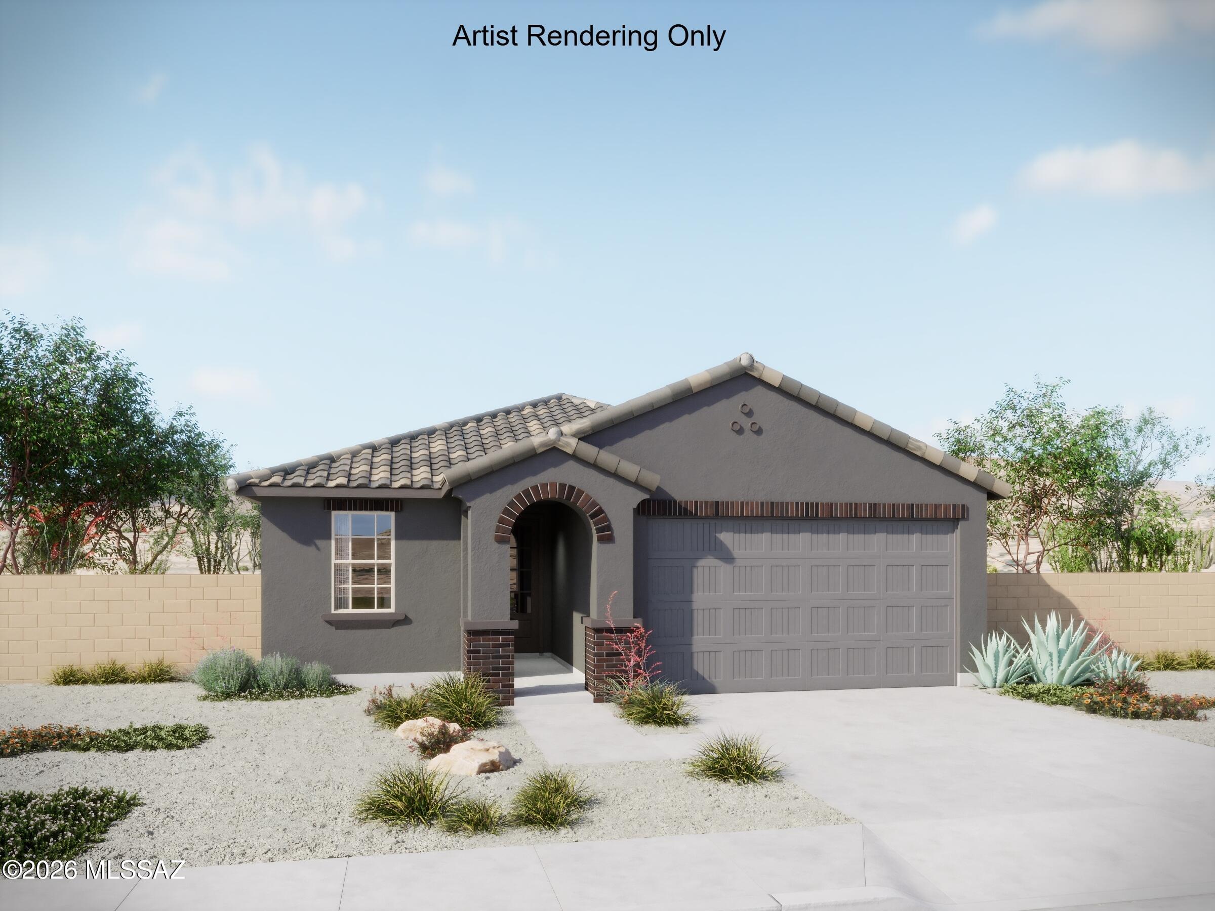 Charming Brandy floorplan with Rustic Spanish elevation offers 3 bedrooms, 2 full baths, open Greatroom/Dining/Kitchen area. Kitchen features Whirlpool French-door refrigerator, center island, quartz counters & oversized walk-in pantry. Owner's suite features huge walk-in closet, dual sinks, linen closet, walk-in shower and a view to the backyard. Includes 8' interior doors, LED disk lights, faux wood blins and Washer/Dryer.