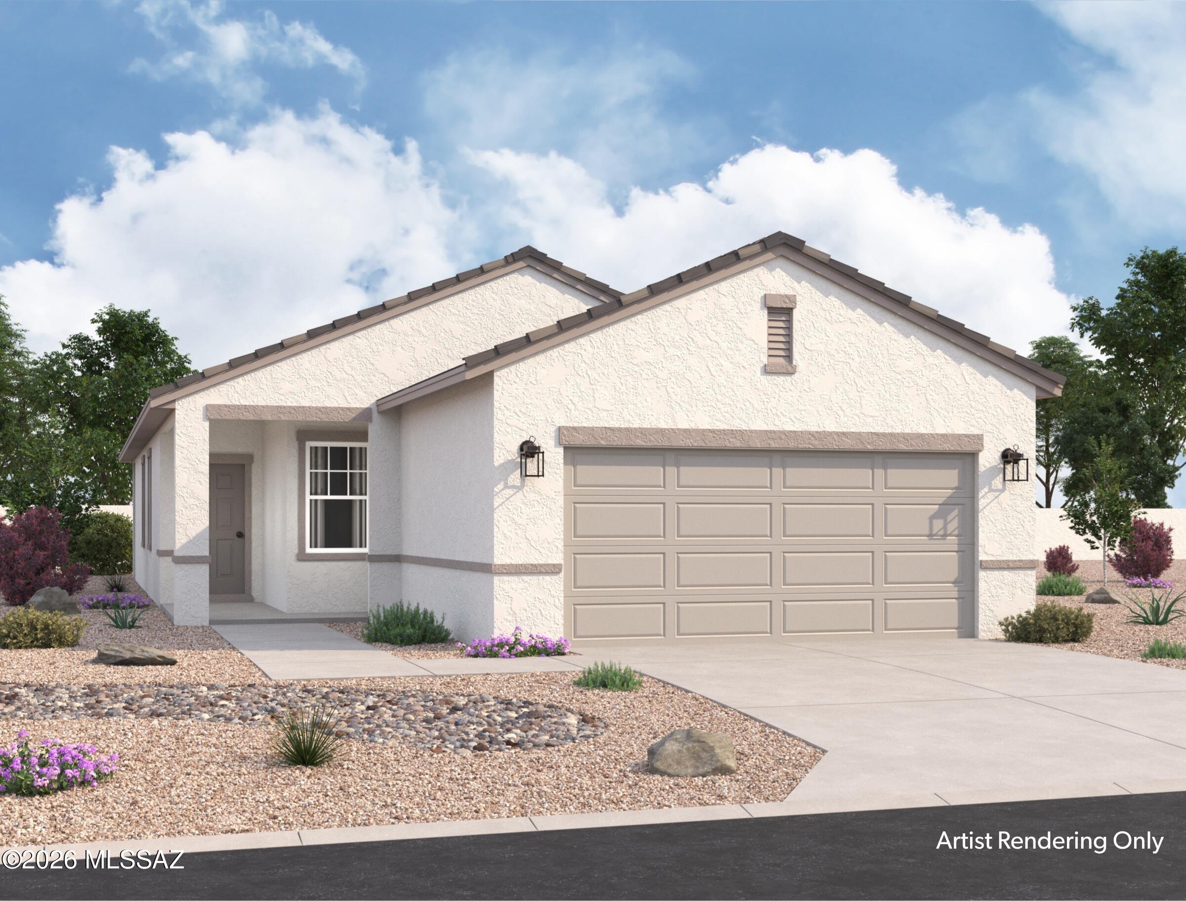 Our awesome Moonbeam plan sits right across from the park area with great views and beautiful sunsets!  3 Bedrooms and 2 Baths make this home a charmer!  Large island in the kitchen and lots of entertaining space too!   Beautiful, brand-new homes featuring thoughtfully designed floorplans in the scenic Tucson community of Star Valley! Conveniently located with easy access to I-19 and major Tucson destinations, this community offers the perfect balance of comfort, convenience, and outdoor living. Homes showcase desirable upgrades including 9' ceilings, white shaker cabinets, Shaw 17'' x 17'' tile flooring, and granite kitchen countertops. Each home comes move-in ready with stainless steel kitchen appliances, including a refrigerator, washer, and dryer. Energy-efficient features include Low- dual-pane windows and a Wi-Fi programmable thermostat to help maximize comfort and savings. Exterior highlights include front yard desert landscaping with irrigation, covered patios, and spacious backyards designed for enjoying Tucson's beautiful sunsets. Residents enjoy community amenities including large park with soccer fields; walking paths and natural trails; children's play area; basketball courts; tennis courts; pickleball courts; natural-area dog park and incredible mountain views everywhere! This welcoming community offers the perfect combination of modern living and the natural beauty of the Tucson desert.