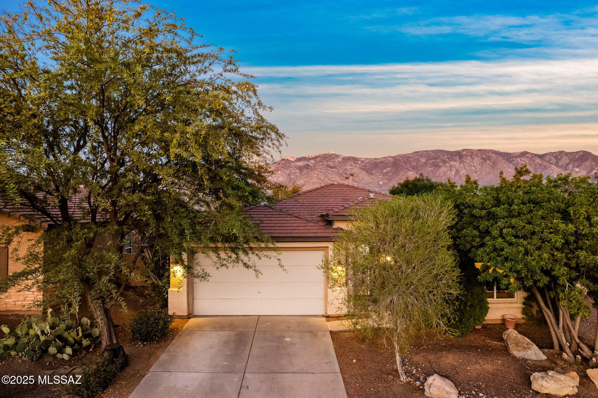 Soak in breathtaking Catalina Mountain views from this beautiful 3 bed, 2.5 bath home in a prime location near Oro Valley & Catalina State Park. This thoughtfully designed split-bedroom floor plan offers both comfort & style, starting with a custom wrought iron entry door, 9-foot ceilings, and laminate & tile flooring throughout the main living spaces. Spacious family room flows into an upgraded kitchen featuring granite countertops, large island, cherry wood cabinets w/ crown molding, gas cooktop, double ovens & SS appliances. Sprawling primary suite w/ mountain views offers two large closets. Outside, find a covered patio & extended brick paver patio that spans the entire length of the home-an ideal space to relax or entertain while enjoying mountain views & multiple fruit trees.