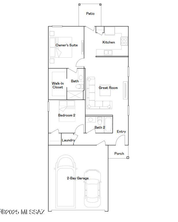 This new home features a convenient single-story layout that is host to an inviting open floorplan consisting of the kitchen and Great Room, with a patio offering outdoor access off the main living area. Two bedrooms are tucked away to the side of the home, including the luxurious owner's suite, complete with a spa-inspired bathroom and walk-in closet. A two-bay garage completes the home. Our homes come with Quartz Countertops, the Frigidaire Stainless Steel Appliances, Rinnai Tankless Water Heaters, Post-Tension Foundation, Taexx built-in pest control system, Radiant barrier roof decking, 2'' Faux Wood Blinds and more!