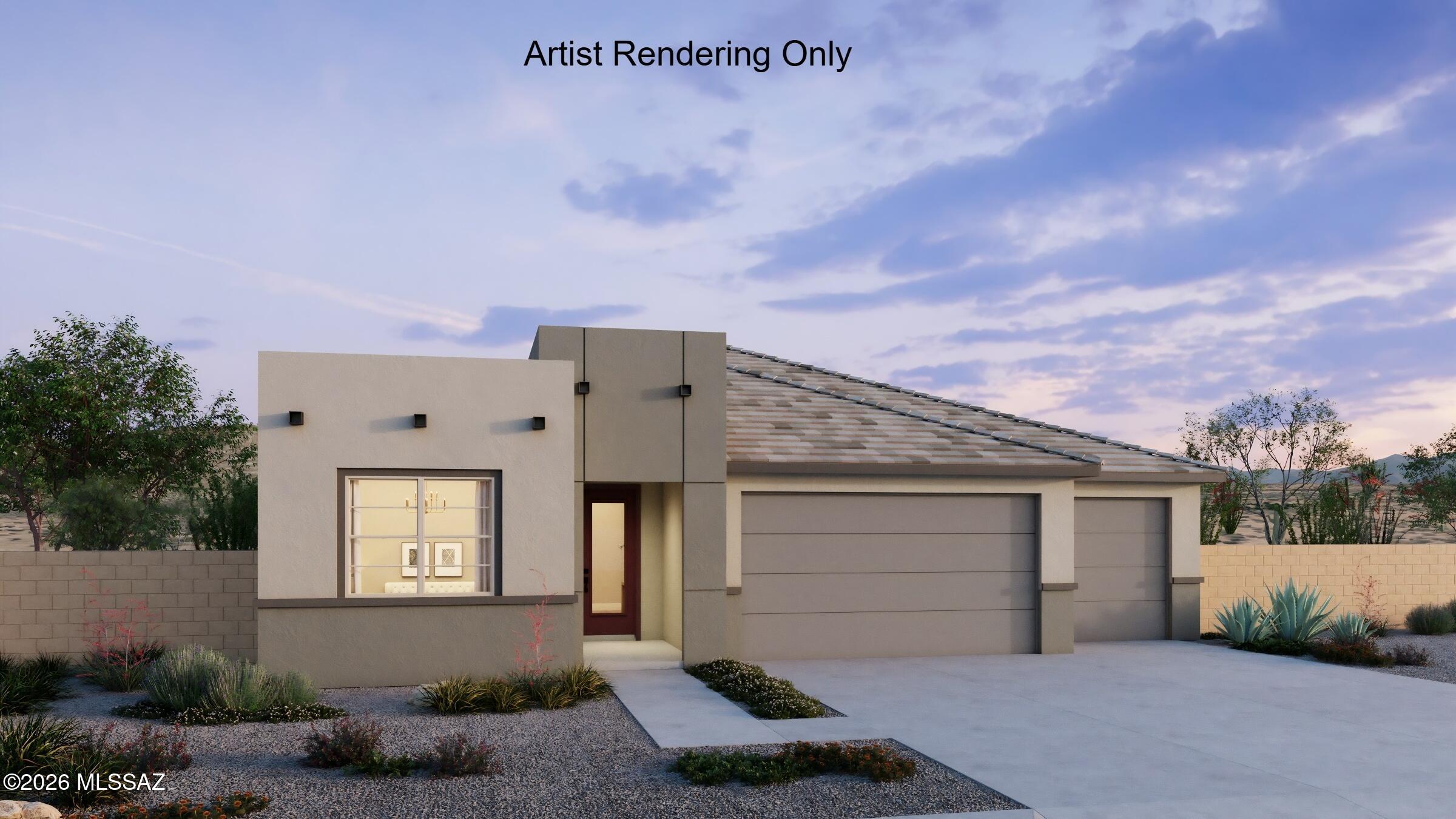 Blush plan with Desert Modern elevation. Beautiful home features open Greatroom plan with spacious kitchen, dining area & enclosed study. The Owner's suite is a retreat with a generously sized walk-in closet, a beautifully tiled walk-in shower, and a vanity with twin sink. Convenient Stop-n-Drop area adds organization & a place to charge your devices. Kitchen is equipped with a gas cooktop, microwave oven, refrigerator, center island and a walk-in pantry for all your culinary needs. Laundry room is complete with Washer/Dryer. Includes faux wood blinds, 8' interior doors, Tankless water heater and more!