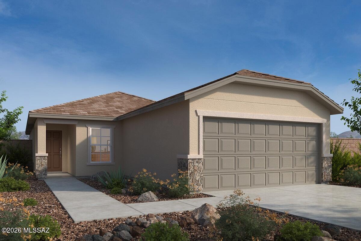 Brand new community in Rancho Sahuarita master plan. Set on a corner homesite, this single-story home showcases an open floor plan with 9-ft. ceilings and ceramic tile flooring throughout. Overlooking the expansive great room, the kitchen boasts granite countertops, 42'' dark brown upper cabinets, an island, pantry and Whirlpool® stainless steel appliances, including a gas range and dishwasher. The den provides space for a home office. The relaxing primary bedroom features a walk-in closet and connecting bath with a dual-sink vanity and walk-in shower. The covered back patio provides outdoor shade.