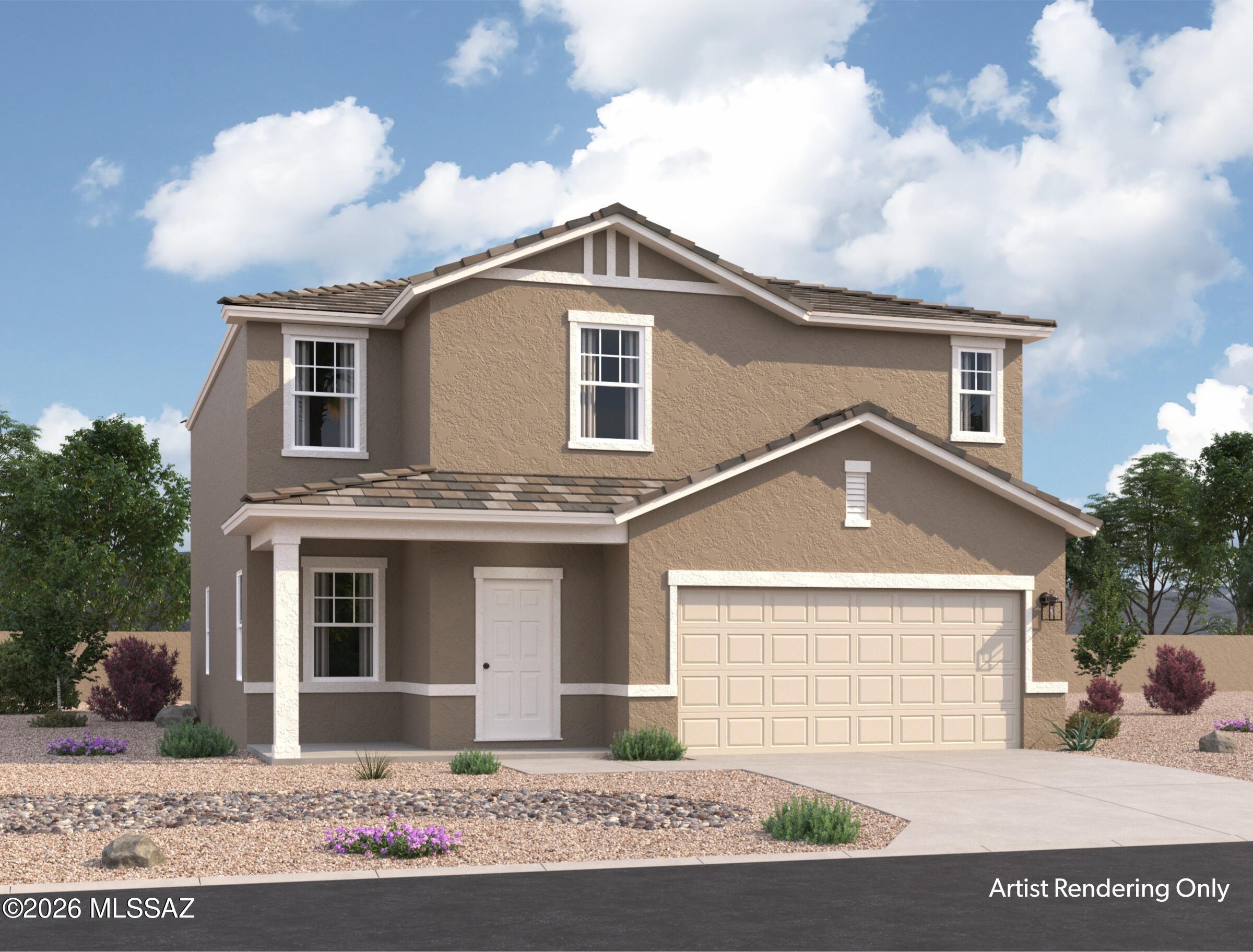 Step into the Supernova plan through the foyer, where you're greeted by a flex room. On the way to the main living space, you'll pass a bedroom with a full bath and access to the two-car garage. The open-concept kitchen, family room, and dining area are located at the back of the home, with a patio just off the dining area. Upstairs, a spacious loft connects three additional bedrooms--each with its own walk-in closet--and a shared bath.   Beautiful, brand-new homes featuring thoughtfully designed floorplans in the scenic Tucson community of Star Valley! Conveniently located with easy access to I-19 and major Tucson destinations, this community offers the perfect balance of comfort, convenience, and outdoor living. Homes showcase desirable upgrades including 9' ceilings, white shaker cabinets, Shaw 17" x 17" tile flooring, and granite kitchen countertops. Each home comes move-in ready with stainless steel kitchen appliances, including a refrigerator, washer, and dryer. Energy-efficient features include Low-E dual-pane windows and a Wi-Fi programmable thermostat to help maximize comfort and savings. Exterior highlights include front yard desert landscaping with irrigation, covered patios, and spacious backyards designed for enjoying Tucson's beautiful sunsets. Residents enjoy community amenities including large park with soccer fields; walking paths and natural trails; children's play area; basketball courts; tennis courts; pickleball courts; natural-area dog park and incredible mountain views everywhere! This welcoming community offers the perfect combination of modern living and the natural beauty of the Tucson desert.