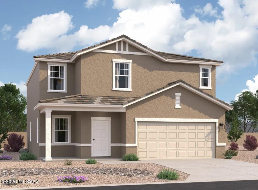 Step into the Supernova plan through the foyer, where you're greeted by a flex room. On the way to the main living space, you'll pass a bedroom with a full bath and access to the two-car garage. The open-concept kitchen, family room, and dining area are located at the back of the home, with a patio just off the dining area. Upstairs, a spacious loft connects three additional bedrooms--each with its own walk-in closet--and a shared bath.   Beautiful, brand-new homes featuring thoughtfully designed floorplans in the scenic Tucson community of Star Valley! Conveniently located with easy access to I-19 and major Tucson destinations, this community offers the perfect balance of comfort, convenience, and outdoor living. Homes showcase desirable upgrades including 9' ceilings, white shaker cabinets, Shaw 17" x 17" tile flooring, and granite kitchen countertops. Each home comes move-in ready with stainless steel kitchen appliances, including a refrigerator, washer, and dryer. Energy-efficient features include Low-E dual-pane windows and a Wi-Fi programmable thermostat to help maximize comfort and savings. Exterior highlights include front yard desert landscaping with irrigation, covered patios, and spacious backyards designed for enjoying Tucson's beautiful sunsets. Residents enjoy community amenities including large park with soccer fields; walking paths and natural trails; children's play area; basketball courts; tennis courts; pickleball courts; natural-area dog park and incredible mountain views everywhere! This welcoming community offers the perfect combination of modern living and the natural beauty of the Tucson desert.