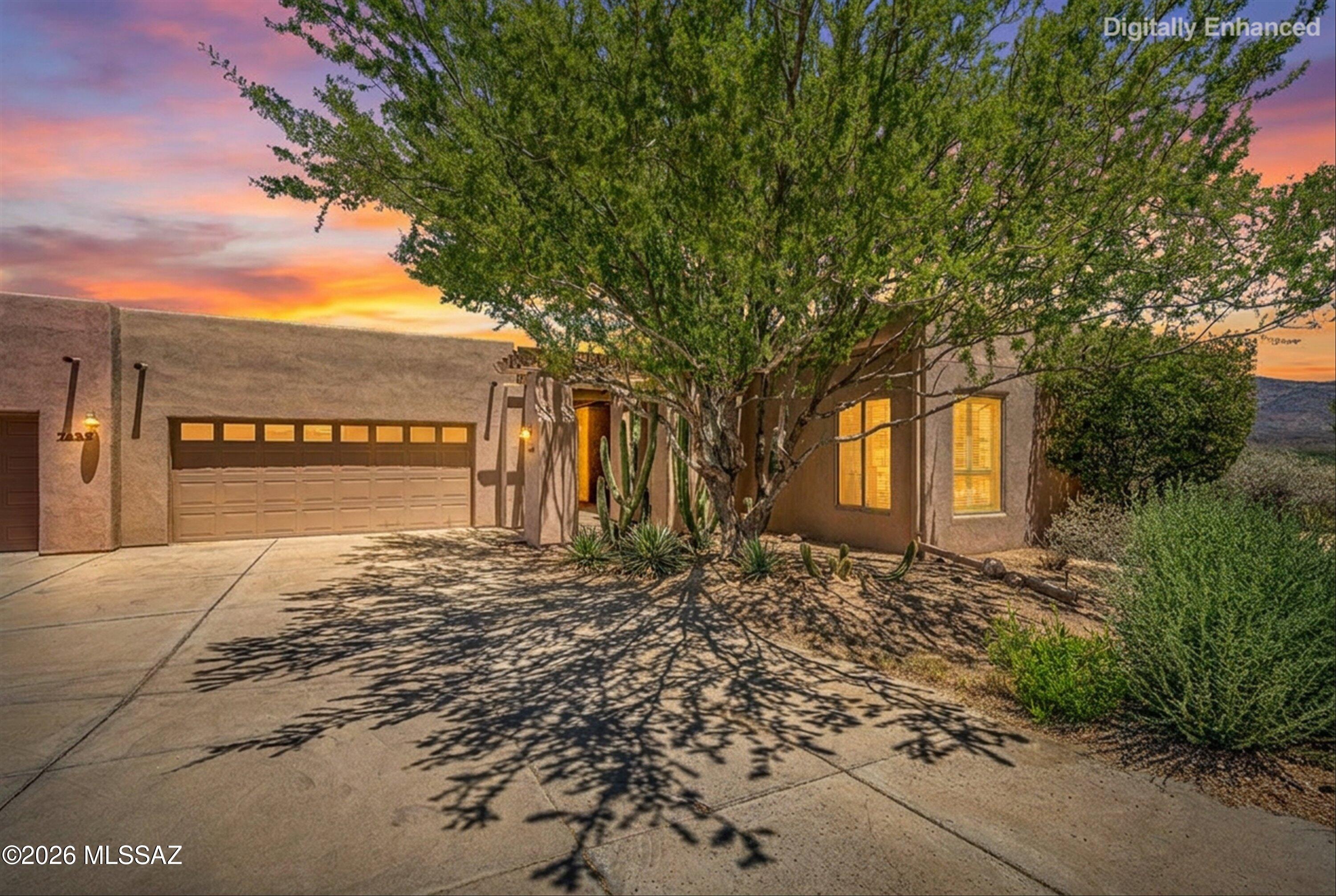 Estate Sale, property being sold as is. Seller never lived in home. Located in the sought-after 55+ community of Academy Village, this thoughtfully designed property offers owned solar & exceptional indoor-outdoor living. The main residence features 2 bedrooms, a den, & 2.5 baths, while the separate casita includes a private bedroom & bath, ideal for guests or flexible use. High vaulted ceilings enhance the great room, & the kitchen overlooks the family room & breakfast nook for easy everyday living. Built-in shelving, tile flooring throughout, & expansive windows showcase sweeping views of the Rincon Mountains & Rincon Creek. Enjoy stunning scenery from both the patio & the great room in this beautifully maintained home. Convenient layout blends comfort, style, & practical function daily.