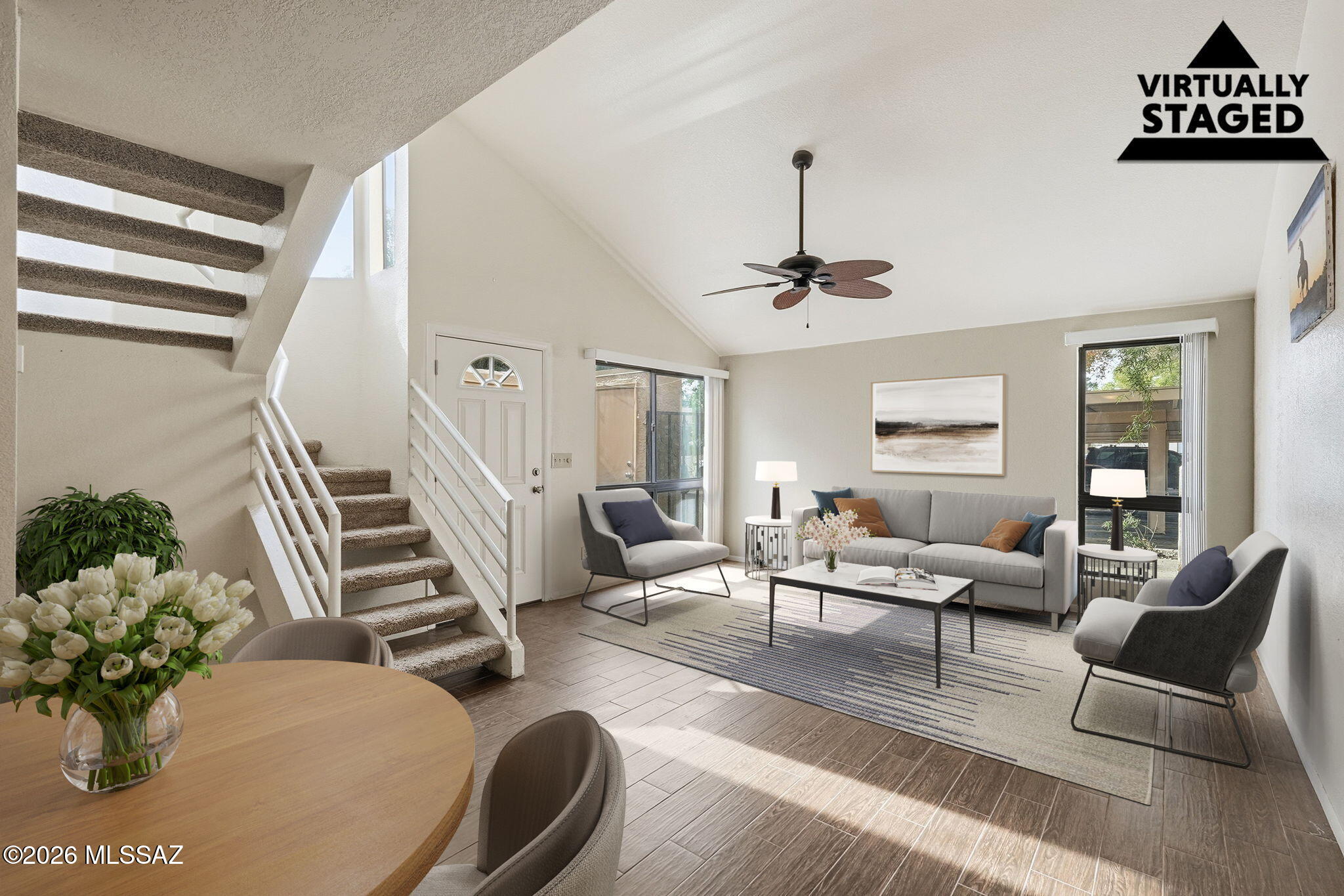 Move-in ready! Great for students, seasonal living, vacation rental. Close to Udall Park, Mount Lemon, Sabino Canyon & more. Enjoy the quiet that comes w/ being located at the back of community. Responsive HOA provides excellent value, covering water, trash, termites, pool, exterior paint, & roof. 2BR/2BA contemporary condo with private gated courtyard and covered parking just steps away from entry. Well-maintained w/ neutral finishes, consistent flooring,  high ceilings & new picture window allowing for natural light. Updated kitchen includes ample cabinetry & opens to the living area. Spacious primary bedroom w/ walk in closet. Second bedroom opens to patio & has great closet space. Private patio is perfect for relaxing.