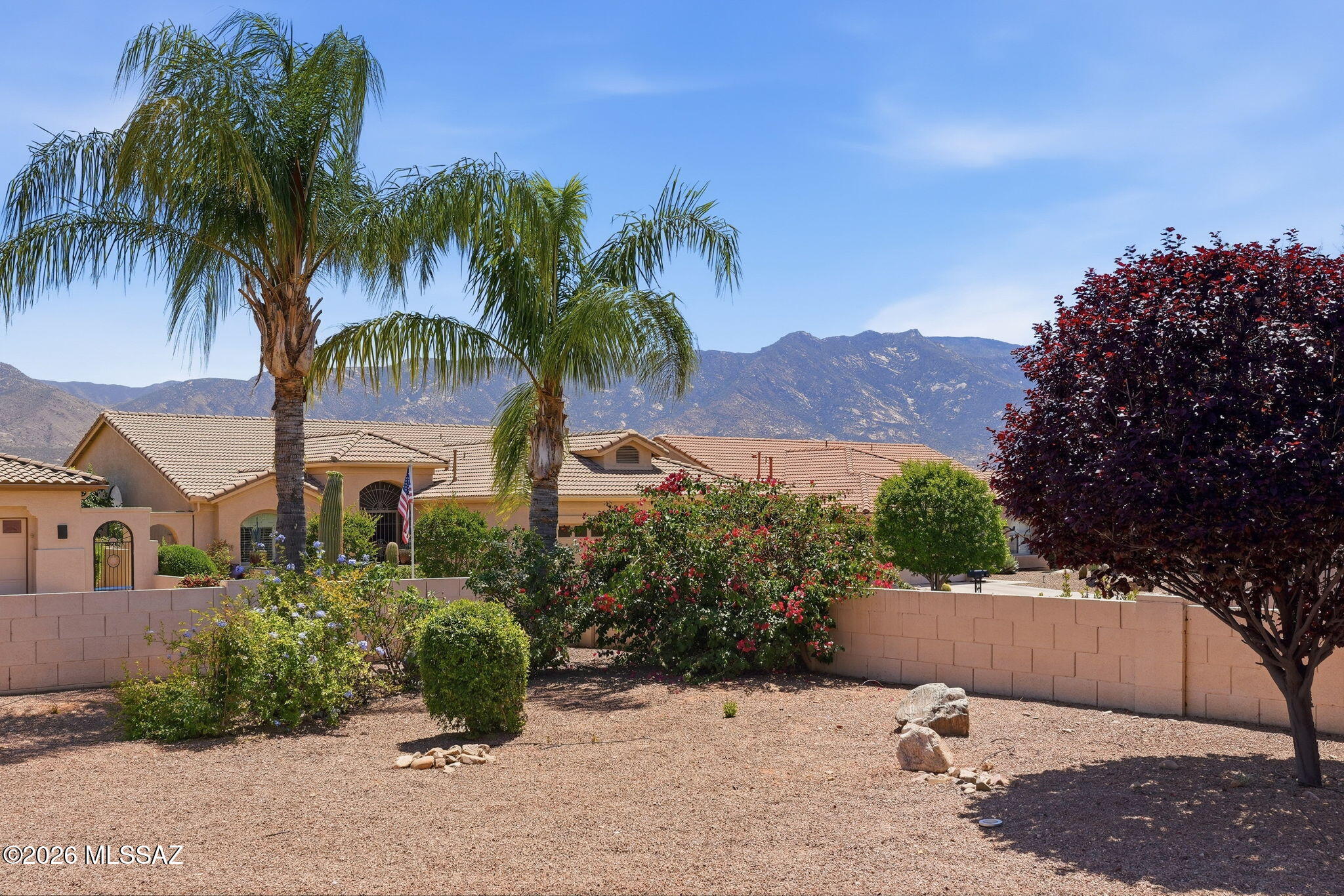 Outstanding mountain views highlight this beautifully refreshed Cheyenne model offering approx. 2,538 sq ft with 3 bedrooms, 2.5 baths, plus a den, and a spacious, functional layout. Fresh interior paint and new carpet give the home a clean, move-in ready feel with a neutral palette throughout. Bright kitchen with white cabinetry, Corian countertops, and ample storage opens to the main living areas ideal for both everyday living and entertaining. The primary suite features bay windows, and a patio door enhances seamless indoor-outdoor living. Desirable north/south orientation with mountain views, a mature focal tree, and a backyard water fountain that creates a peaceful setting. Low-maintenance lot, 3-car garage, and no pool or spa offering flexibility for future customization.