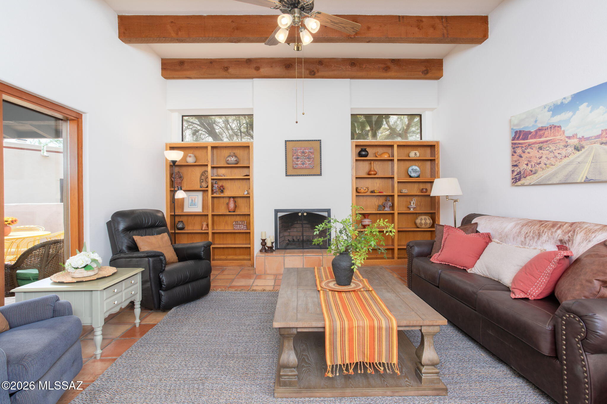 Classic La Quinta built home offering Southwestern charm in a sought-after foothills cul-de-sac location, just minutes from Sabino Canyon Recreation Area. This inviting block home features
warm Saltillo floors,tall ceilings, timeless Mexican tile counters in the kitchen and baths, beautiful Tucson character throughout.The spacious great room includes built-in shelves and a custom fireplace, while the family room
showcases classic beam ceilings.The dining room offers two built-in buffets, perfect for storage,display, and entertaining. Large bedrooms provide comfortable retreats, each with lovely views. Enjoy Arizona outdoor living from the large covered front courtyard or relax on the brick paver patio in back.New carpet, freshly painted exterior. Laundry room with an abundance of cabinet Community amenities include a newly renovated pool and clubhouse adding to the appeal of this charming foothills location.