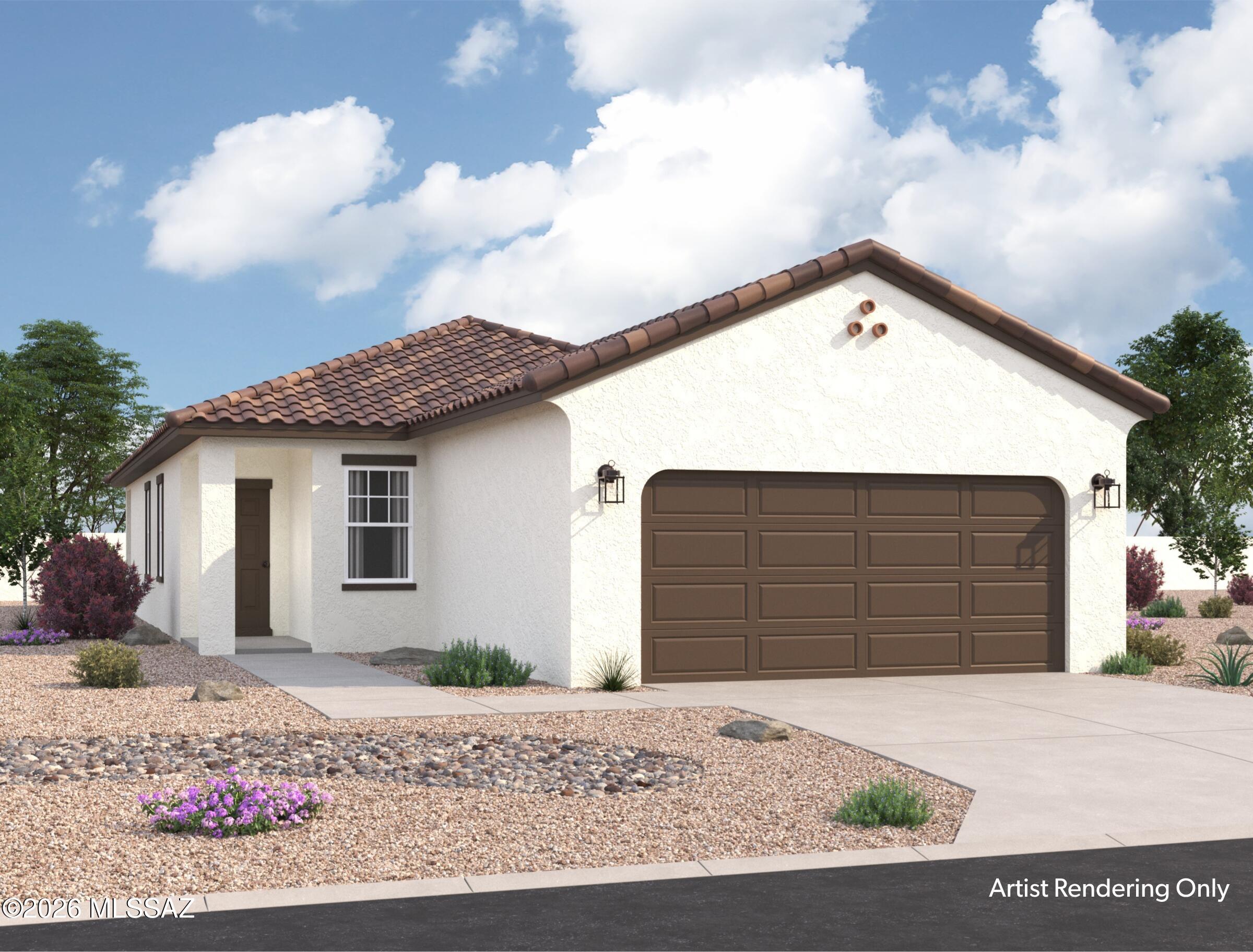 The Steward plan is brand new and so practical!  This is a corner lot with landscaped common area behind it so no one behind. Beautiful, brand-new homes featuring thoughtfully designed floorplans in the scenic Tucson community of Star Valley! Conveniently located with easy access to I-19 and major Tucson destinations, this community offers the perfect balance of comfort, convenience, and outdoor living. Homes showcase desirable upgrades including 9' ceilings, white shaker cabinets, Shaw 17'' x 17'' tile flooring, and granite kitchen countertops. Each home comes move-in ready with stainless steel kitchen appliances, including a refrigerator, washer, and dryer. Energy-efficient features include Low-E dual-pane windows and a Wi-Fi programmable thermostat to help maximize comfort and savings. Exterior highlights include front yard desert landscaping with irrigation, covered patios, and spacious backyards designed for enjoying Tucson's beautiful sunsets. Residents enjoy community amenities including large park with soccer fields; walking paths and natural trails; children's play area; basketball courts; tennis courts; pickleball courts; natural-area dog park and incredible mountain views everywhere! This welcoming community offers the perfect combination of modern living and the natural beauty of the Tucson desert.