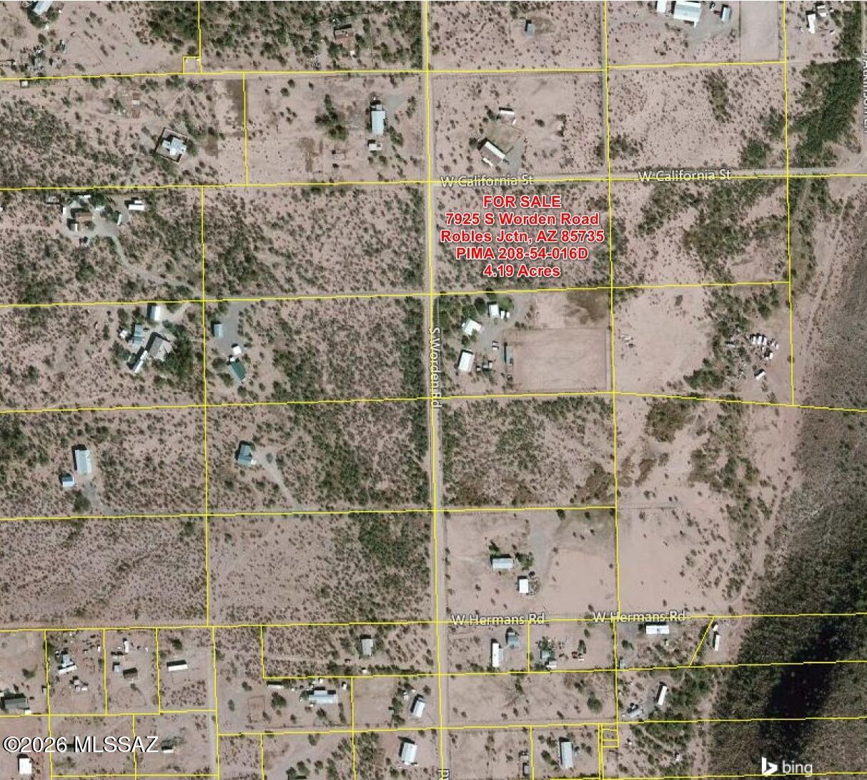 ! PRICED BELOW ASSESSED VALUE !  4 PRIME ACRES -- Right off Worden road sits 4 flat, usable prime acres with water company and electric at the road. Look for the sign on the corner of S Worden Rd and W California St, this is the North-West corner of the property. The rear property line is roughly aligned with the east end of the neighbors horse corral.  County assessed Full Cash Value of $46,000. Beautiful dark clear nights and crisp blue days. Don't miss this opportunity to pick up a nice parcel below assessed value. Owner agent.