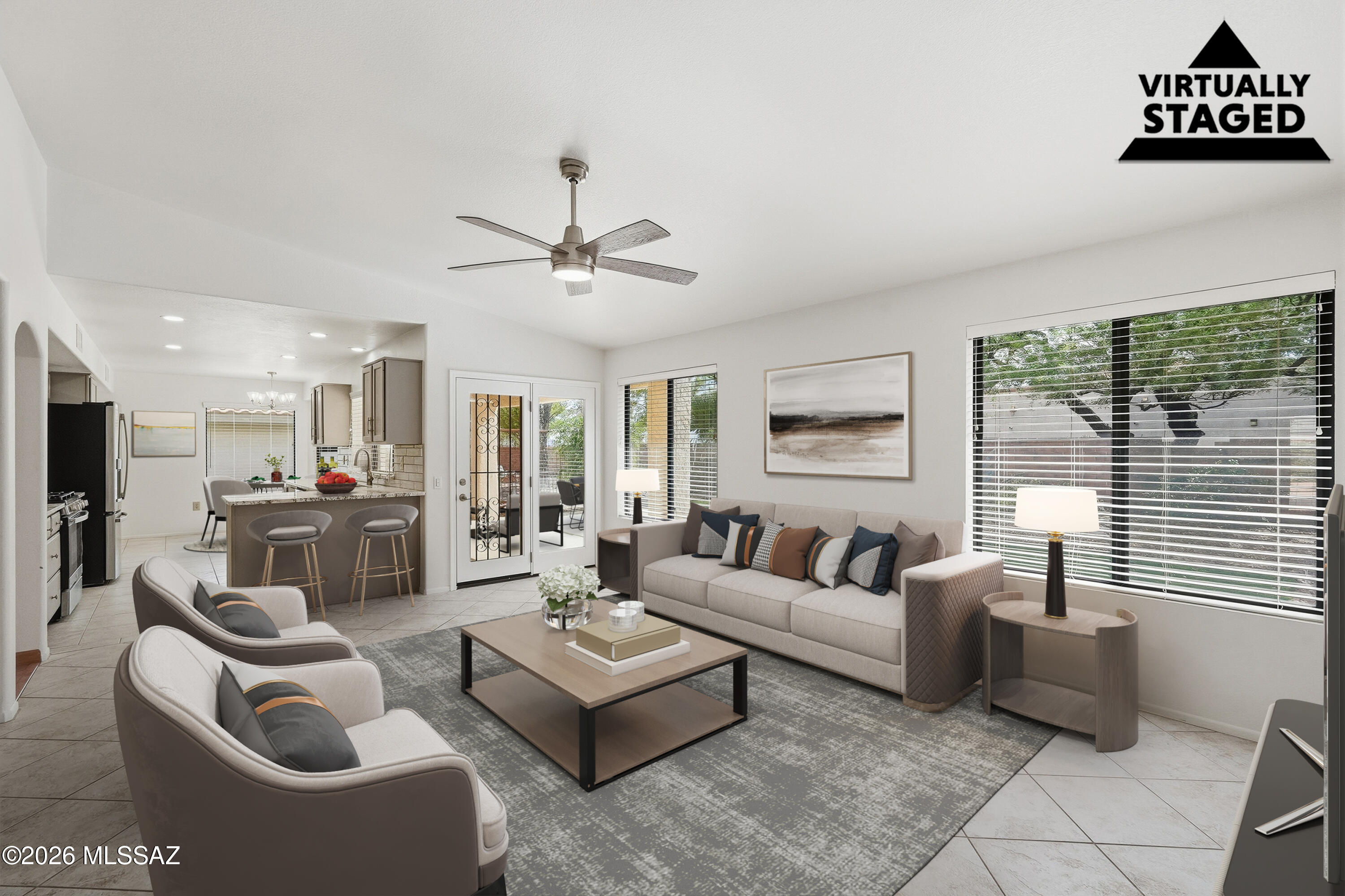 Welcome to Sun City Oro Valley, where resort-style 55+ living meets comfort & convenience. This beautifully remodeled, light-filled home offers a spacious 1,775 sq. ft. floor plan and over $75,000 in recent upgrades. Enjoy a stunning updated kitchen with granite countertops, newer appliances, stylish lighting, built-in desk, and fresh paint throughout. The inviting living area features a new fireplace insert, while both bathrooms have been tastefully updated with contemporary finishes. Bright, open living spaces flow seamlessly to a private backyard with no rear neighbors, providing exceptional privacy and peaceful desert sunsets. Enjoy access to golf, pools, fitness centers, pickleball, clubs, and endless social activities. Move-in ready and beautifully updated, this exceptional home.