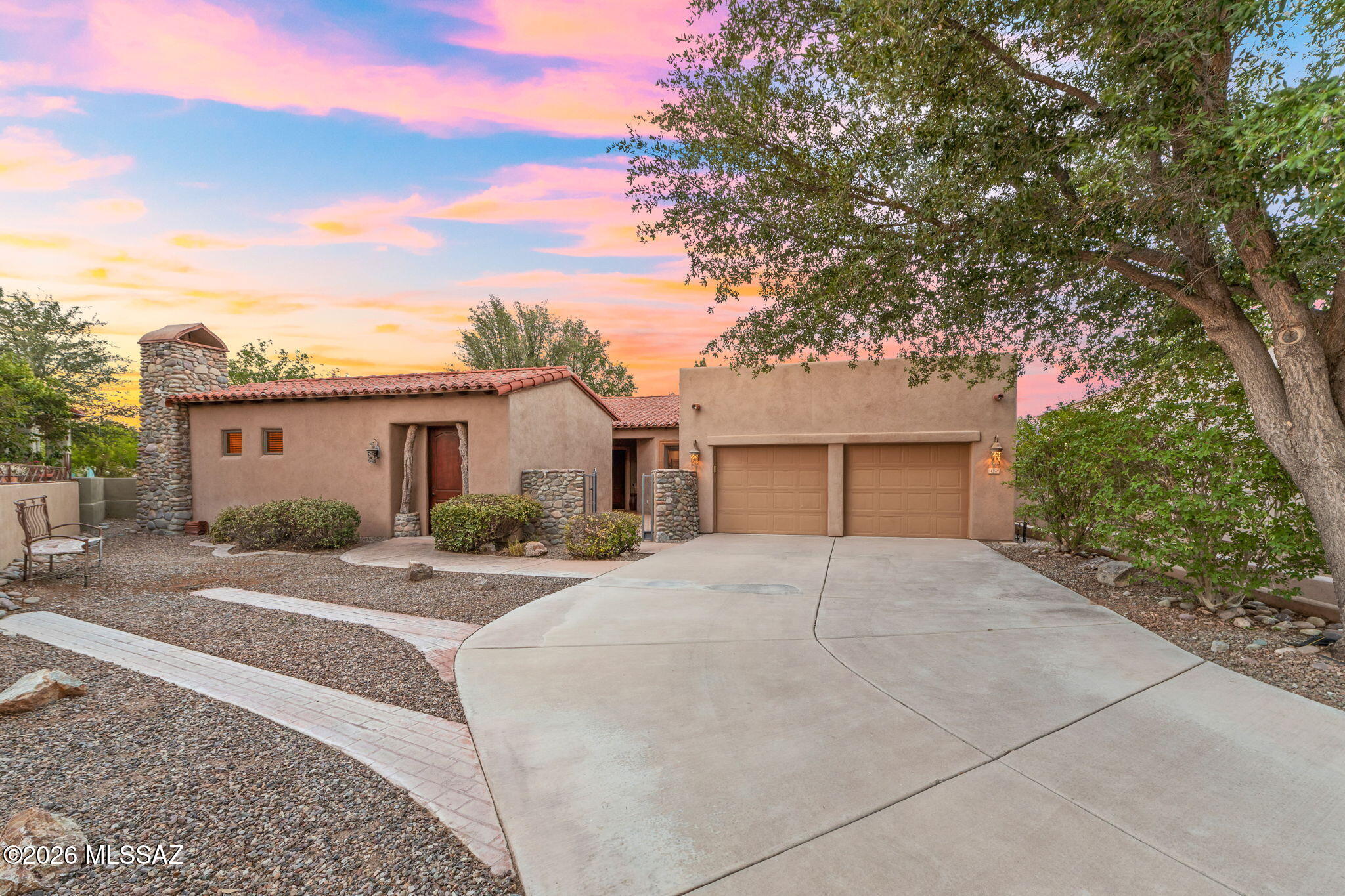 Tucked away on a quiet cul-de-sac in the Sanctuary at Tubac Golf Resort, this original Dorn Homes ''Ranchero Grande'' model is available fully furnished and offers timeless Southwestern character with thoughtful upgrades throughout. The property enjoys exceptional privacy and mature landscaping with mountain views inside and out.
The upgraded kitchen features Viking gas range, raised-panel Alder cabinetry, and built-in pantry. Spacious bedrooms all with en-suites, generous storage, sky-deck, plus a beautiful east facing patio complete the main home. A private lockout 450 sq/ft guest casita with private entry, driveway, fireplace, and patio, ideal for guests, multigenerational living, or added flexibility.