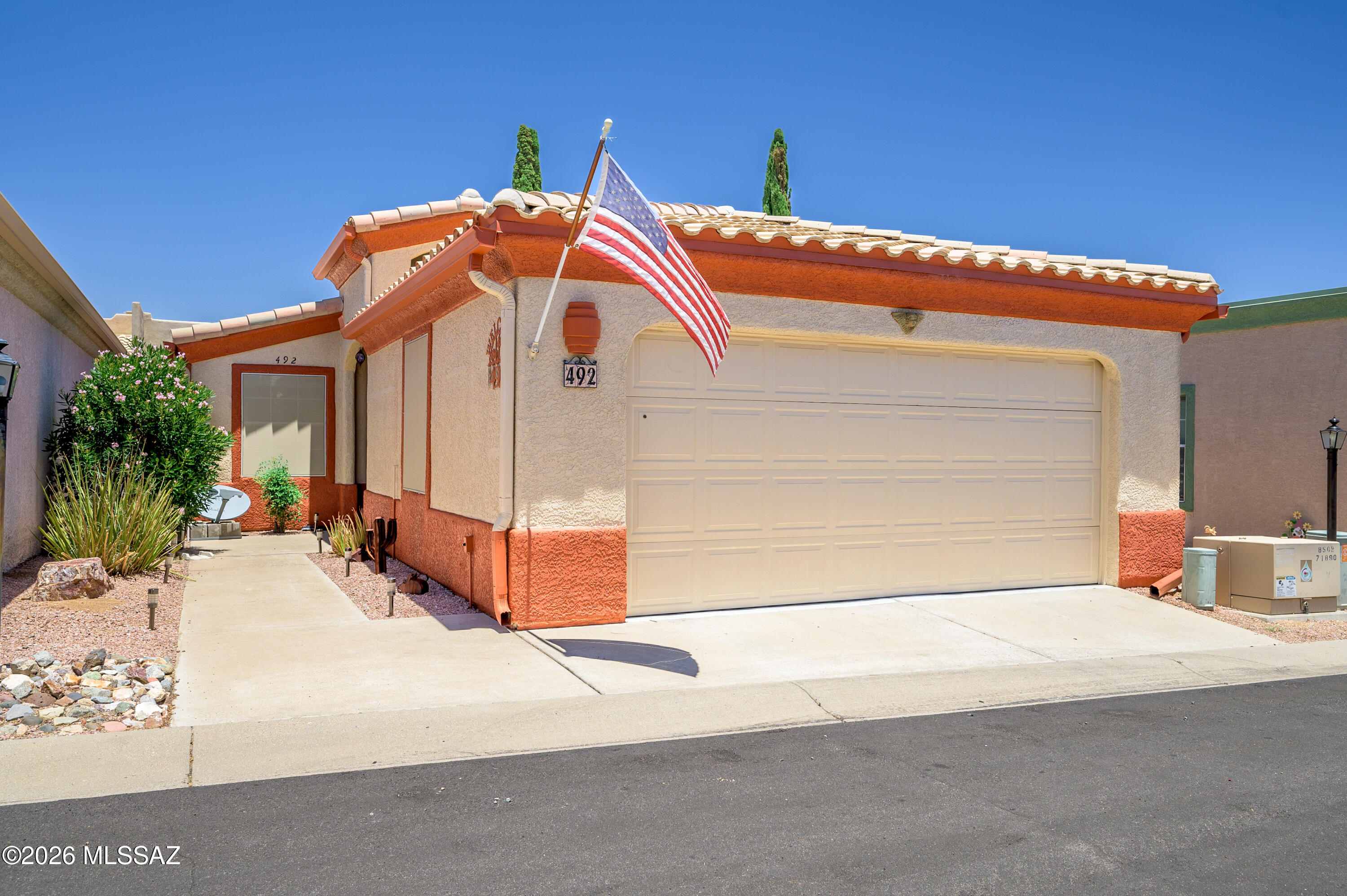 Enjoy easy living in the heart of Canyon View Estates with this inviting two-bedroom, two-bath townhome--perfectly tailored for those seeking the ideal Sonoran Desert retirement lifestyle. Freshly painted and designed for effortless maintenance, this home combines comfort and convenience at a great value. The spacious U-shaped kitchen features a gas range, a handy pantry closet, and an open archway connecting you to the dining and living areas, creating a warm and inclusive atmosphere for gatherings or relaxing evenings at home.  Just two blocks from your door, the community recreation center awaits, offering a private clubhouse exclusive to residents. Enjoy a year-round heated saltwater pool and hot tub, shuffleboard, a fitness area, and a multipurpose room with TV and kitchen--perfect ror social events and family gatherings.
Looking for even more amenities? Green Valley Recreation membership can easily be added to access additional clubs and activities. Whether you crave an active, social environment or a peaceful retreat in the desert sun, this charming home offers the perfect balance. Discover the relaxed, vibrant retirement lifestyle you've been dreaming of!