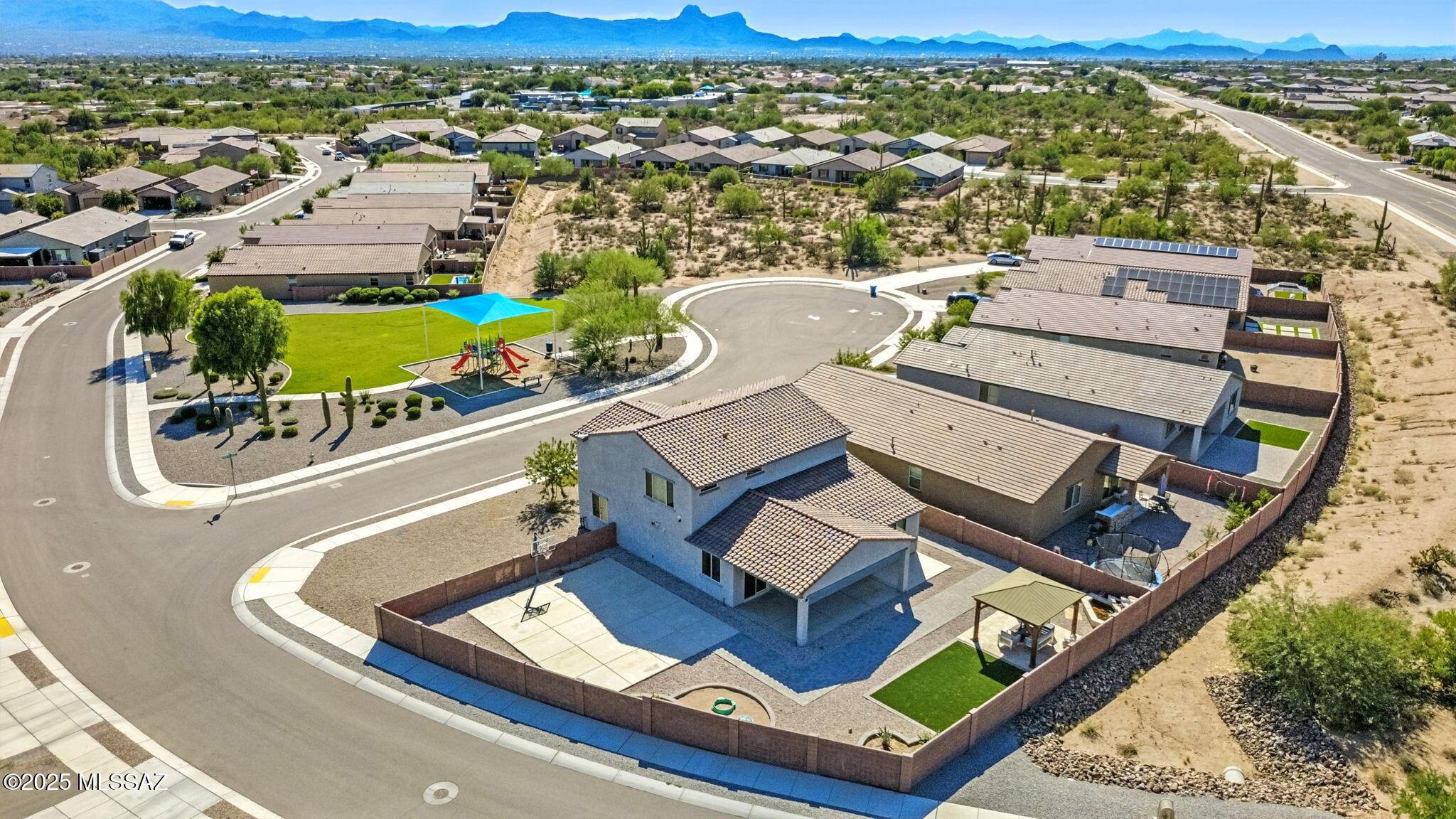 PREMIUM OUTDOOR LIVING SPACE features private sport court and oversized backyard! This beautifully maintained 2020 Meritage home offers a spacious four-bedroom layout with additional flexible space ideal for a home office. Backyard is designed for entertaining and everyday enjoyment, featuring artificial turf, a fountain, gazebo, and basketball sport court! The pristine interior highlights a gourmet kitchen with granite countertops and a large island, open-concept living and dining areas, and a first-floor primary suite complete with a generous bathroom, dual vanities, a makeup area, and walk-in closet. Upstairs, secondary bedrooms and a loft provide versatile living options. Select furnishings may be available by separate bill of sale. This home is a must see!