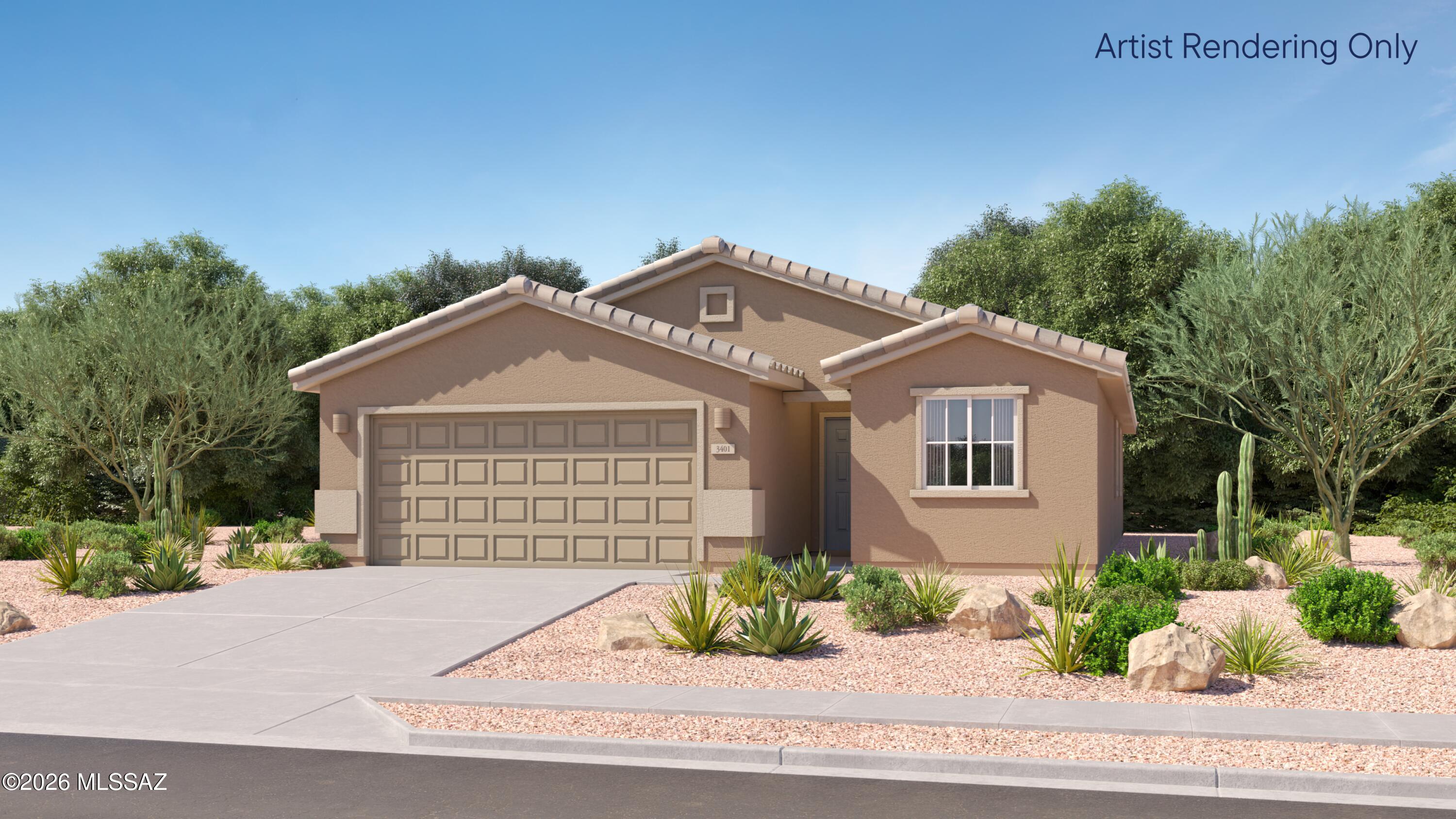 This new single-story home boasts a modern and low-maintenance layout. Three bedrooms are located near the front of the home off the foyer, steps from a full bathroom. An open-concept floorplan combines the kitchen, dining room and family room to maximize interior space, while a lavish owner's suite at the back of the home provides a serene retreat with direct access to a full bathroom and walk-in closet. Our homes come with Quartz Countertops, the Rinnai Tankless Water Heaters, Smart Thermostats, Post-Tension Foundation, Radiant barrier roof decking, 2'' Faux Wood Blinds and more! As an added bonus, this home includes a washer and dryer—move-in ready and waiting for you!