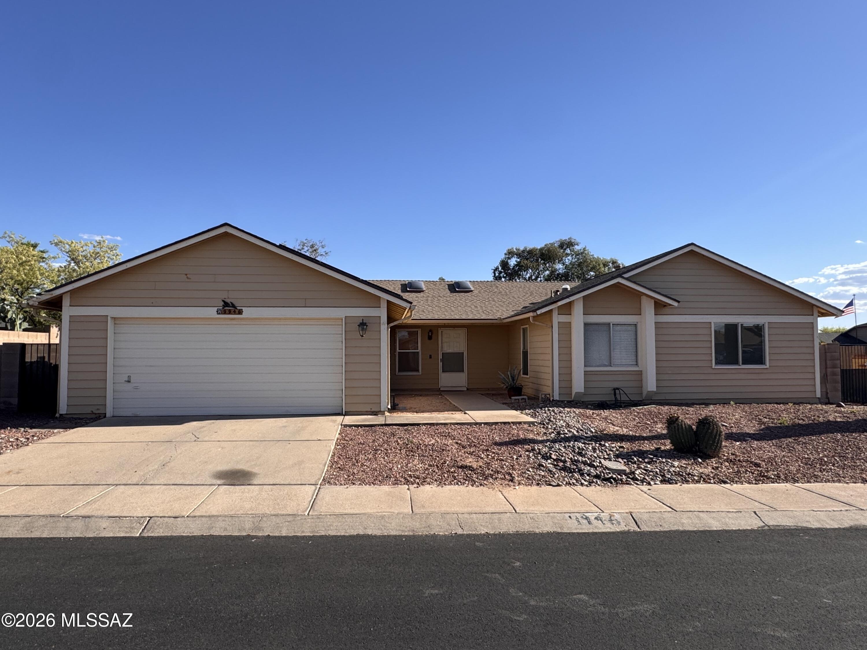 Spacious 4 bedroom, 2 bath home located in a great community with great community amenities, including a pool, for a low monthly HOA. Skylights fill both the living and family room with natural light, creating a bright and inviting space. The kitchen offers ample cabinetry, perfect for storage and functionality. The owner's suite features dual sinks, a walk-in shower, a walk-in closet, and an additional large mirrored closet. Situated on a corner lot, the property includes a double side gate, a spacious backyard, and a covered patio. Ready for your vision and personal touch.