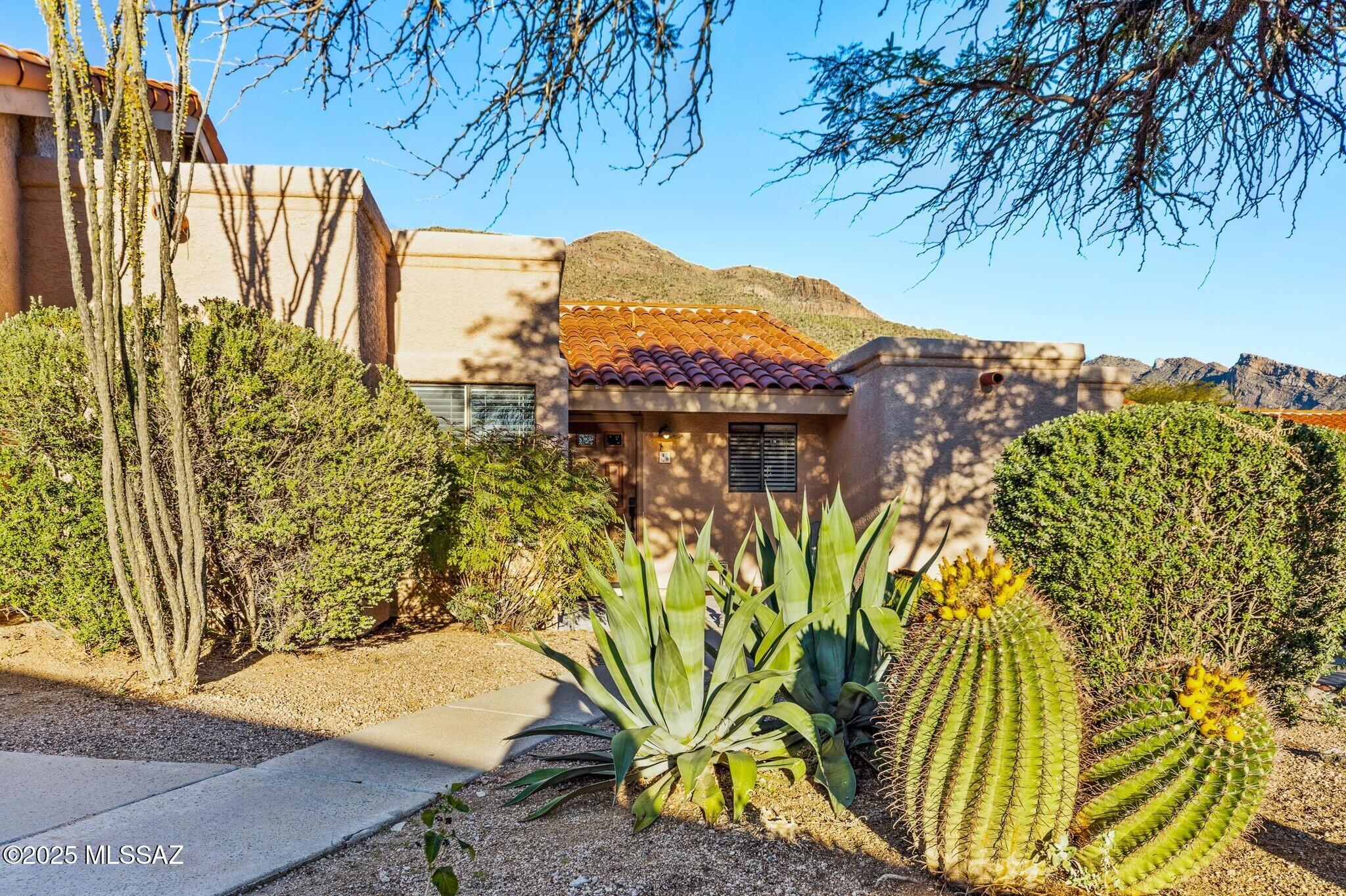Located within the prestigious gated Sin Vacas community in the Catalina Foothills, this beautifully updated townhome offers the ideal blend of luxury, comfort, and convenience.  From the moment you arrive, you're greeted by Catalina Mountain views visible as you approach the front door, throughout the interior living spaces, and from the peaceful private patio. Inside, expansive high ceilings and abundant natural light create an airy, inviting atmosphere. 
The well-designed split floorplan flows seamlessly from room to room, with the living, dining, and kitchen areas anchored by a charming corner fireplace.
 Thoughtfully remodeled, the home features warm wood-plank flooring, fresh designer paint, and an elegantly updated bathroom showcasing solid-surface marble countertops, modern fixtures, and refined lighting.
The kitchen is bright and functional, complete with stainless steel appliances, a built-in microwave, tile counters, and a picturesque corner window. The spacious primary suite offers a generous walk-in closet and a private vanity area with marble countertops and a contemporary framed mirror.
Residents of Sin Vacas enjoy exceptional community amenities, including a sparkling pool and spa, clubhouse, and scenic walking trails. HOA services provide true lock-and-leave convenience with water, garbage collection, fire protection, roof maintenance, exterior building care, and front-yard landscaping all included.
Perfectly positioned near La Encantada, Whole Foods, top-rated restaurants, and some of Tucson's best hiking, this townhome delivers the very best of Foothills living, luxury, views, and a coveted low-maintenance lifestyle in one of Tucson's most desirable gated communities.