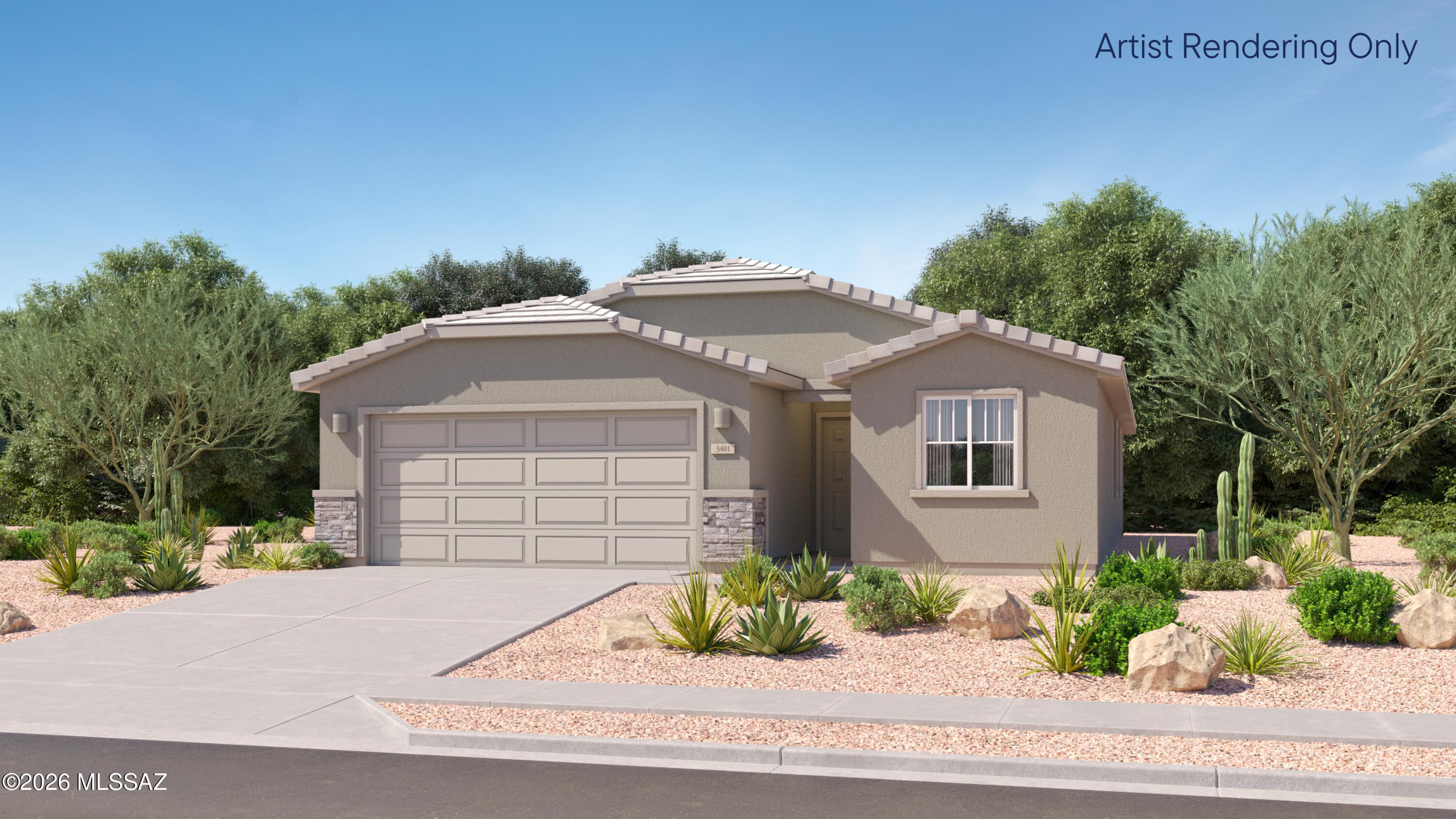 This new single-story home boasts a modern and low-maintenance layout. Three bedrooms are located near the front of the home off the foyer, steps from a full bathroom. An open-concept floorplan combines the kitchen, dining room and family room to maximize interior space, while a lavish owner's suite at the back of the home provides a serene retreat with direct access to a full bathroom and walk-in closet. Our homes come with Quartz Countertops, the Rinnai Tankless Water Heaters, Smart Thermostats, Post-Tension Foundation, Radiant barrier roof decking, 2'' Faux Wood Blinds and more! As an added bonus, this home includes a washer and dryer—move-in ready and waiting for you!