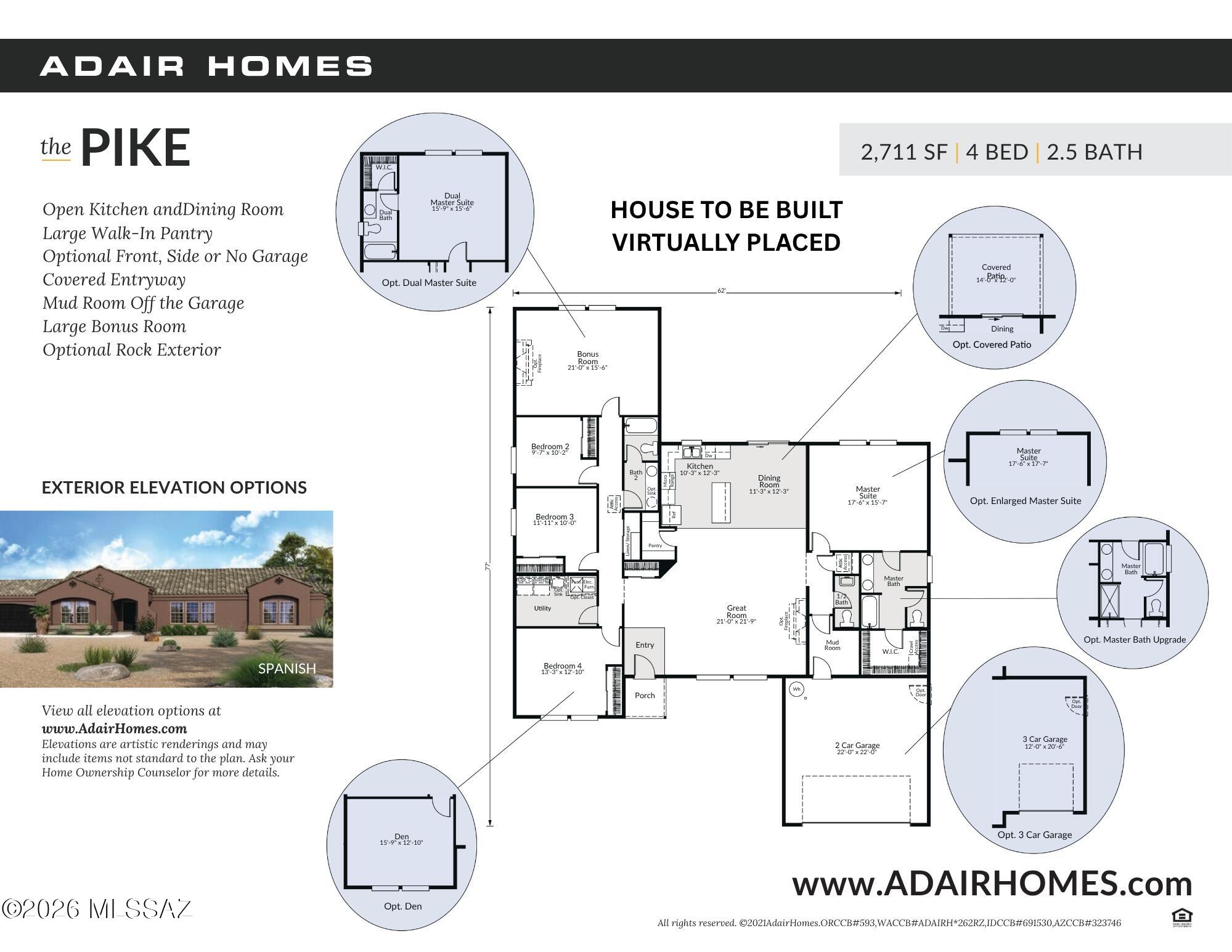 To be built by Adair Homes the Pike Study Plan. on the Vail area where a minimum of 5 acres per residence. Estimated build price includes land ($150,000), site development ($95,000), and base price of model shown ($567,999) The plan can be modified to fit your specific needs as well as many more plans to choose from including your own custom design. Natural beauty of the landscape.  Backs off the Coronado National Forest, this property offers spectacular panoramic views of the Santa Rita, Catalina, and Rincon Mountains.  This sought-after setting is ideal for those who value privacy and a close connection to nature.  Area is in the acclaimed Vail school district. No HOA, you'll enjoy the freedom to create the lifestyle you've envisioned.  Utilities are underground. Owner/Agent. Water is available from the Mountain Fagan Water Assoc. The Pike Study Plan offers an open concept kitchen and dining area, a large walk-in pantry, and abundant windows that showcase the surrounding desert mountain vistas, bringing the beauty of the outdoors into your everyday living experience.