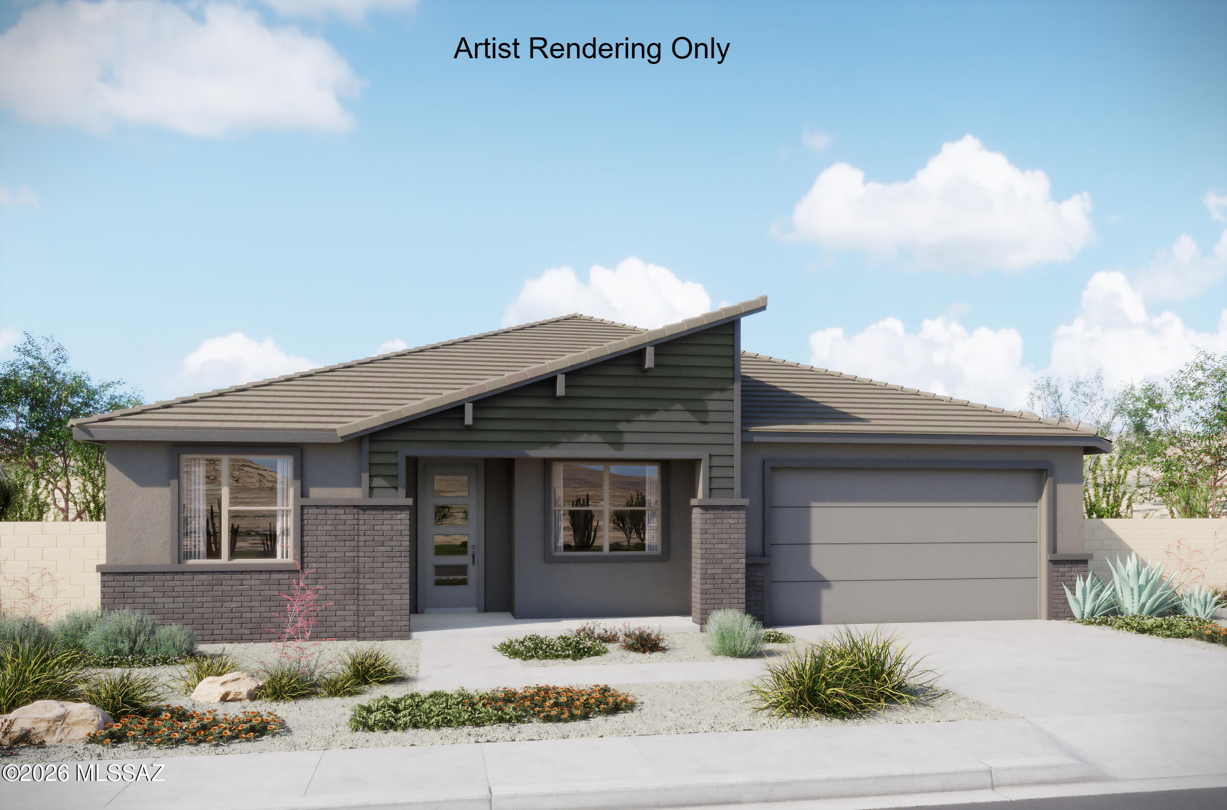 Hibiscus plan with Midcentury Modern elevation, offering 4 bedrooms, 3.5 baths. The Gourmet kitchen shines with quartz counters, center waterfall island, gas cooktop, tilt-out kitchen sink tray, Cushion Close cabinet doors, Pots & Pans drawers and walk-in pantry with glass door. The enclosed Study, open Den, and Stop & Drop area add everyday convenience. Includes 16' centered sliding glass door to covered back patio, gas BBQ stub-out, 2'' faux wood blinds, coffered ceilings at foyer, Owner's Suite & study. A 3-car tandem garage completes this thoughtfully designed home.