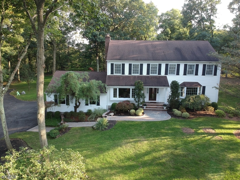Surrounded by privacy with great seasonal views from all sides, skylines and mountains plus incredible flat yard and large entertaining deck. This home shows amazing light through out. Kitchen with addition,skylights, vaulted ceiling, Quartz counters, 42" cabinets.  32x13 family room with raised marble hearth and mantle & h/w floors is a perfect flow with other rooms for entertaining. Living room and dining room with large windows enhance views and sunlight. 2nd floor creates 4 bedrooms including a master bedroom retreat..walk in closet, masters bath with vaulted ceiling, skylights, glassed-in tile shower, plus whirlpool tub under large window..more relaxation! Finished basement with full bath, Rec Room, and office. Their are stairs leading to garage. You will not be disappointed in seeing this home