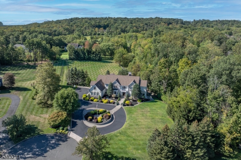 This exceptional Basking Ridge residence offers spacious living and effortless entertaining, both indoors and out. Set at the end of a quiet cul-de-sac amongst beautiful landscaping, privacy is your luxury. This 5 bedroom home invites refined living in one of the areas most desirable locations. Its sun-drenched interior is spacious and thoughtfully designed, with well-appointed rooms and a gracious flow. At the heart of the home is a stunning kitchen with room to host events, and top-of-the-line appliances. The ample kitchen leads to a two tiered patio, with pool house, outdoor fireplace and a large pool for easy indoor/outdoor entertaining. Also on the first floor is the potential for a bedroom or office with a full bath. On the second floor, an expansive primary suite includes a sitting area with a cozy gas fireplace, two roomy walk-in closets and a spa-like bath with a soaking tub and ample natural light. Three additional bedrooms and a spacious exercise room off of the primary complete the floor. The newly renovated finished walk out basement will take your breath away, and provides additional living spaces with an oversized recreation room, bar, potential bedroom and a full bath. Situated just minutes from downtown shops, restaurants and Midtown Direct trains, this distinctive residence perfectly balances peaceful country living and convenience to schools, shopping, parks, world class golf and equestrian. Chimney and Fireplaces sold as is, no known defects.