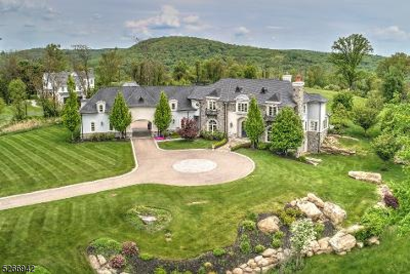 This EXTRAORDINARY Country home designed and built by one of NJ's prominent architects in 2013 features an open modern floor plan! Immediately impressive, a 2-story foyer with breath-taking multi-tiered raindrop Chrystal chandelier & remote lift, platinum-leaf wrought iron staircase, and natural quarry stone flooring leads into the gourmet kitchen, with Subzero cabinet enclosed refrigerator, Ice maker, Viking 6-burner stove w/grill, and dual ovens. Stunning white kitchen cabinets with Swarovsky blue Chrystal knobs, gray and white toned granite, custom millwork blanketing every wall, limestone subway accent walls, gleaming hardwood floors, kitchen sitting room with fireplace, are breathtaking. The gallery hallway, stretching from one end of the first floor to the other, flows into the vast great room with french doors to the blue stone patio, a spacious elegant dining room with trendy martini butler area, the professional kitchen, and Luxurious Spa pool room leading to the blue stone patio.  A heavenly Primary bedroom suite, with one of the 3 fireplaces, an elegant master bath, radiant floors, his and her vanities, handsome marble shower, & French doors onto a private stone patio, views to Manhattan and 4 lush green acres. A finished lower level opens from the dual foyer staircase has white layered limestone walls, high ceilings, media room, open entertaining space, and exercise area. A separate two car garage connected by a porte cochre has additional unfinished space above.