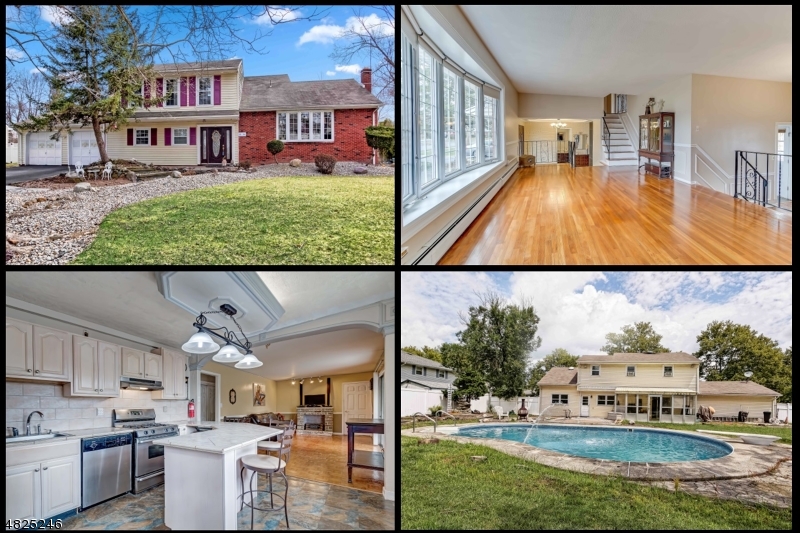 Best Value in Parsippany! 4-5 BR Colonial has Oversize 2 Car Garage on Flat Lot with Large Fenced-in Yard & In-ground Pool. Highlights include Hardwood Floors & Neutral Decor throughout, NEWER Furnace (2015), Updated Baths, Most Windows Updated, Large Bow Window in Living Rm for Lots of Natural Light, + Sliders from Family Rm to Enclosed Patio Room. Kitchen boasts a Tiled Peninsula & Breakfast Bar, Wood Cabinets, St. Steel Dishwasher & St. Steel Gas Stove. Extra Room on Main Floor can be 5th BR, Guest Room, or Office, while Semi-Finished Room in Basement can be Exercise Room or Playroom. 2 Decorative Fireplaces with Electric Logs + All Appliances Included.  This Spacious Home is in a GREAT LOCATION in a QUIET NEIGHBORHOOD + Close to Parks, Top-rated Schools, Shopping, & Commuter Routes. NOT a Flood Zone!
